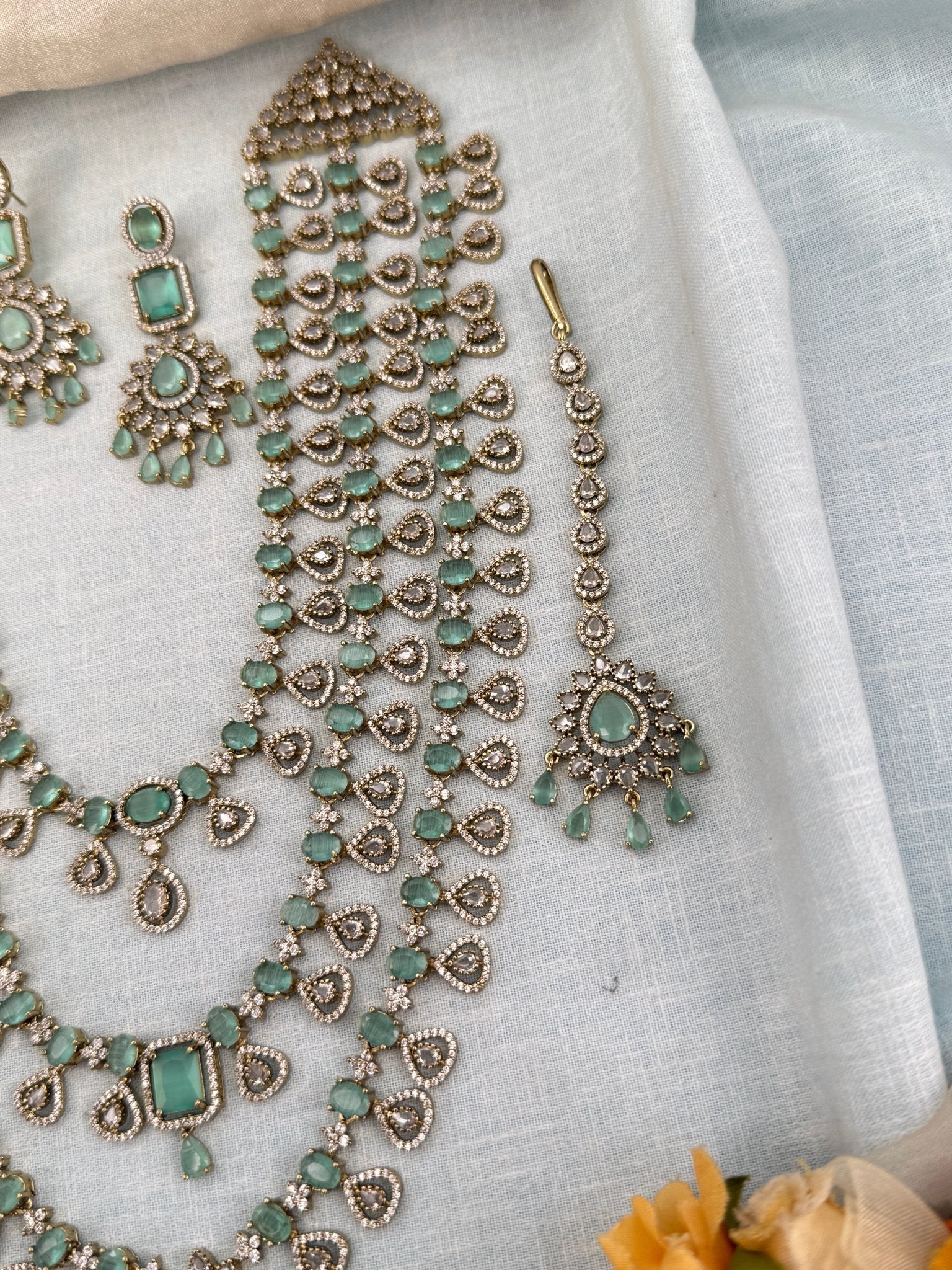 Luxurious Victorian Stone Layered Long Necklace Set 657 - Mahilas