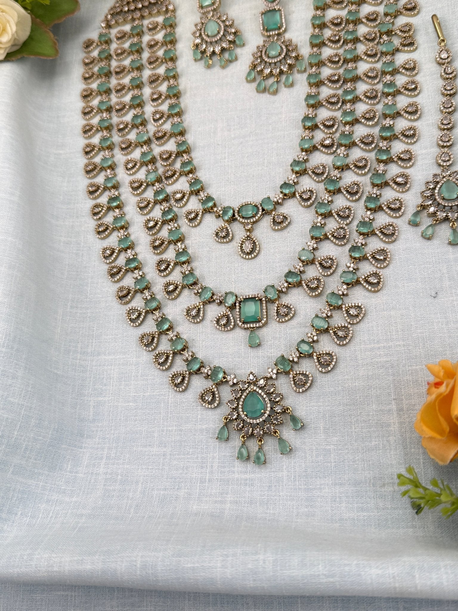 Luxurious Victorian Stone Layered Long Necklace Set 657 - Mahilas