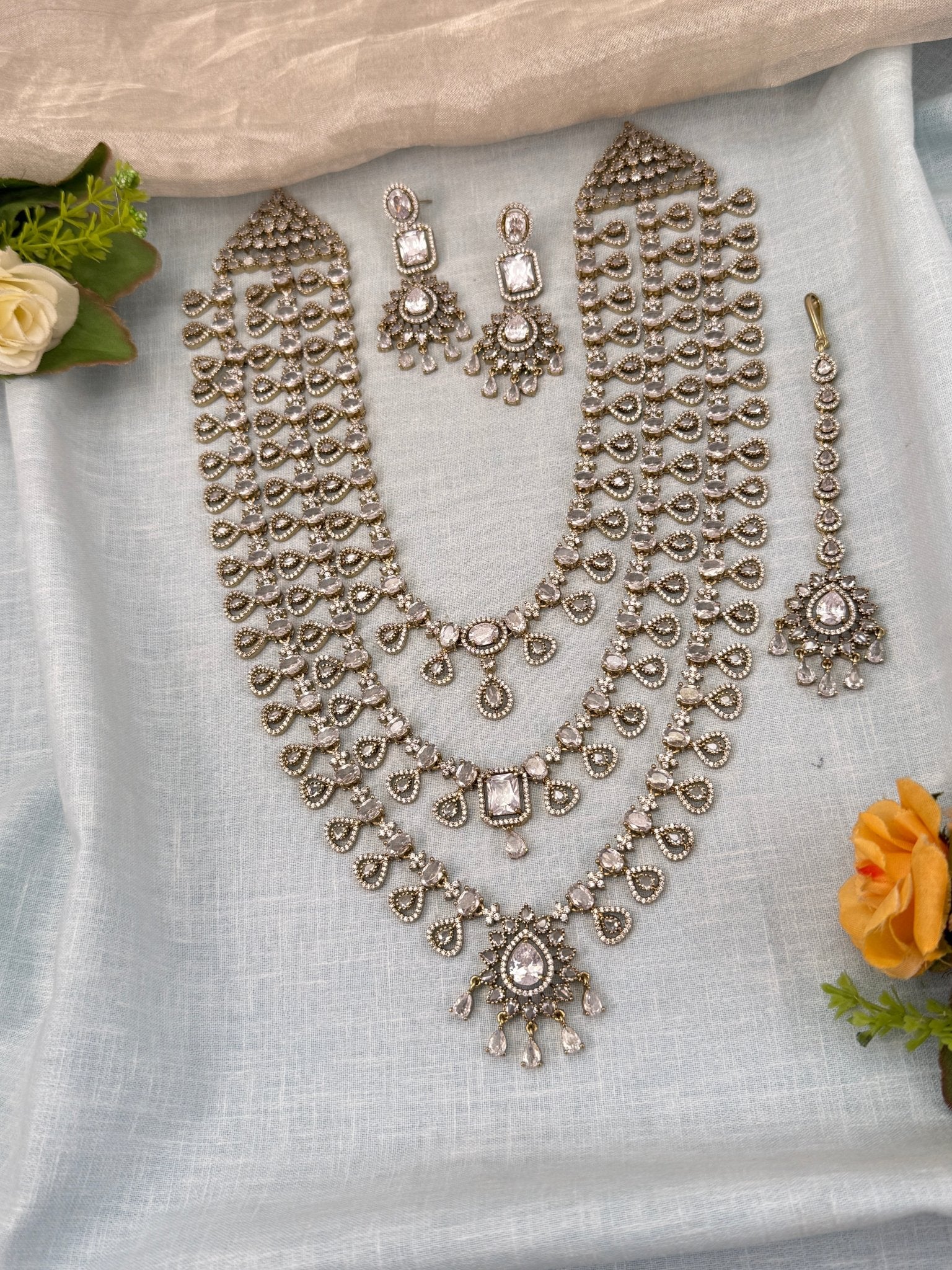 Luxurious Victorian Stone Layered Long Necklace Set 658 - Mahilas