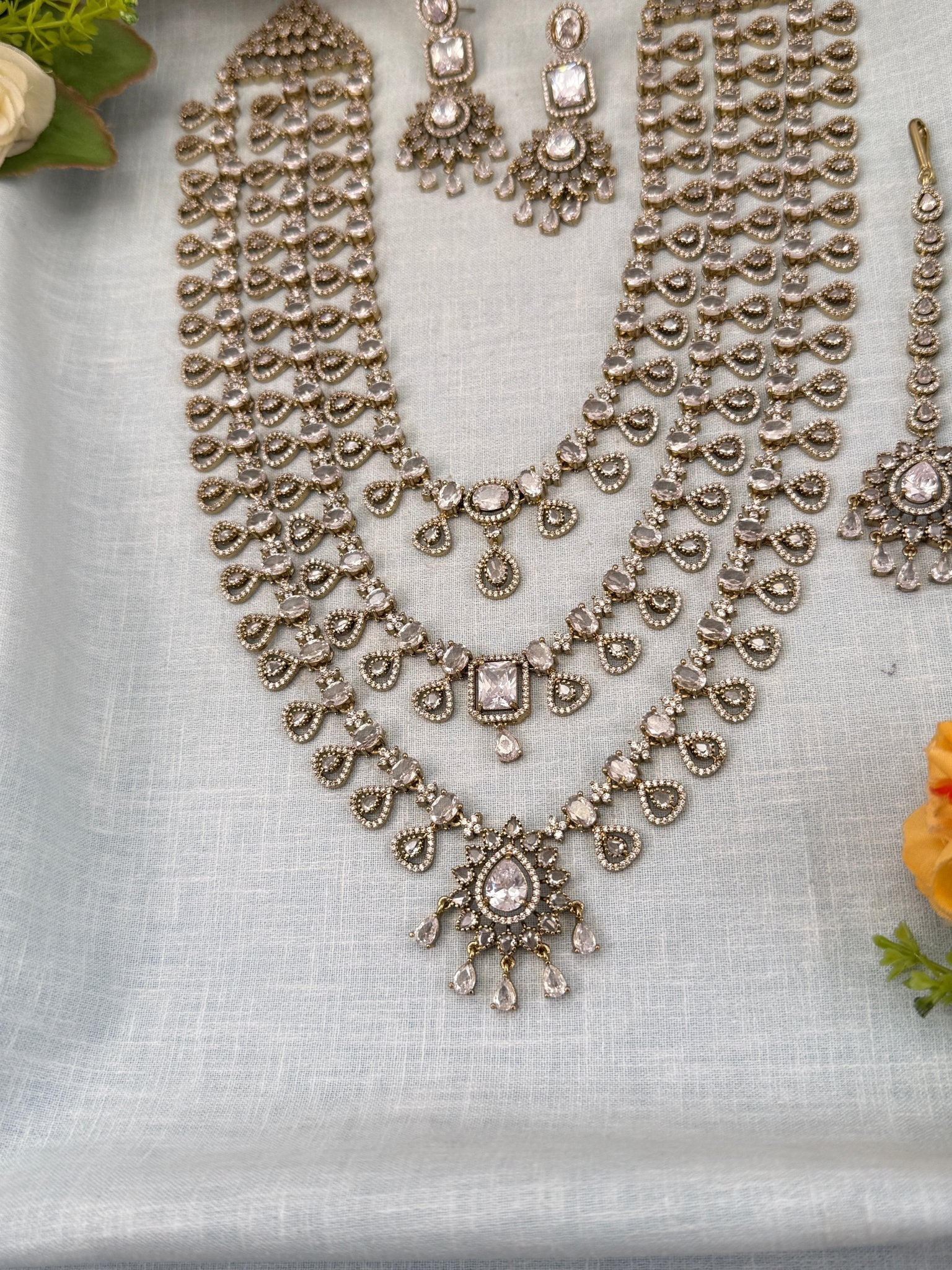 Luxurious Victorian Stone Layered Long Necklace Set 658 - Mahilas