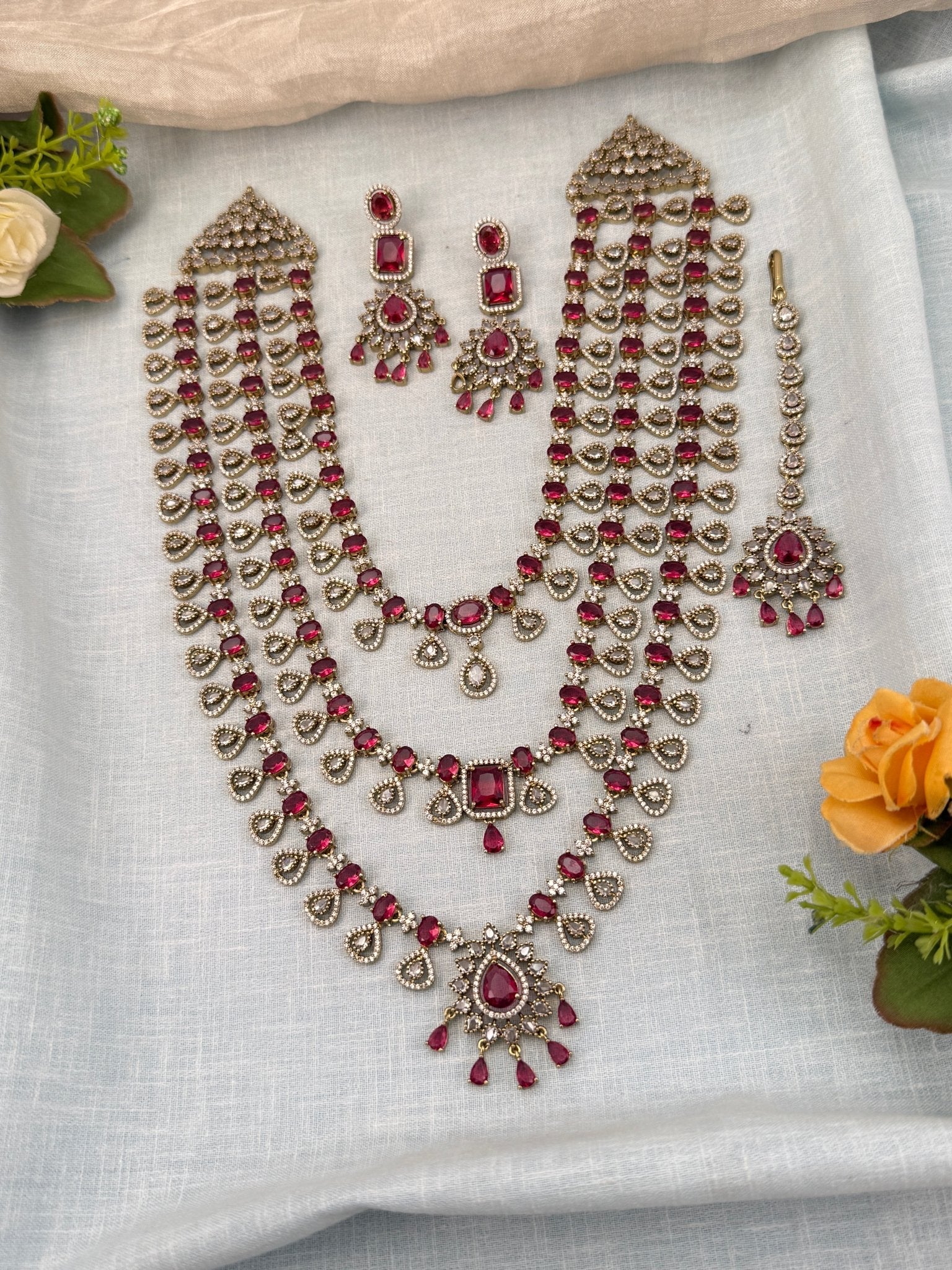 Luxurious Victorian Stone Layered Long Necklace Set 660 - Mahilas