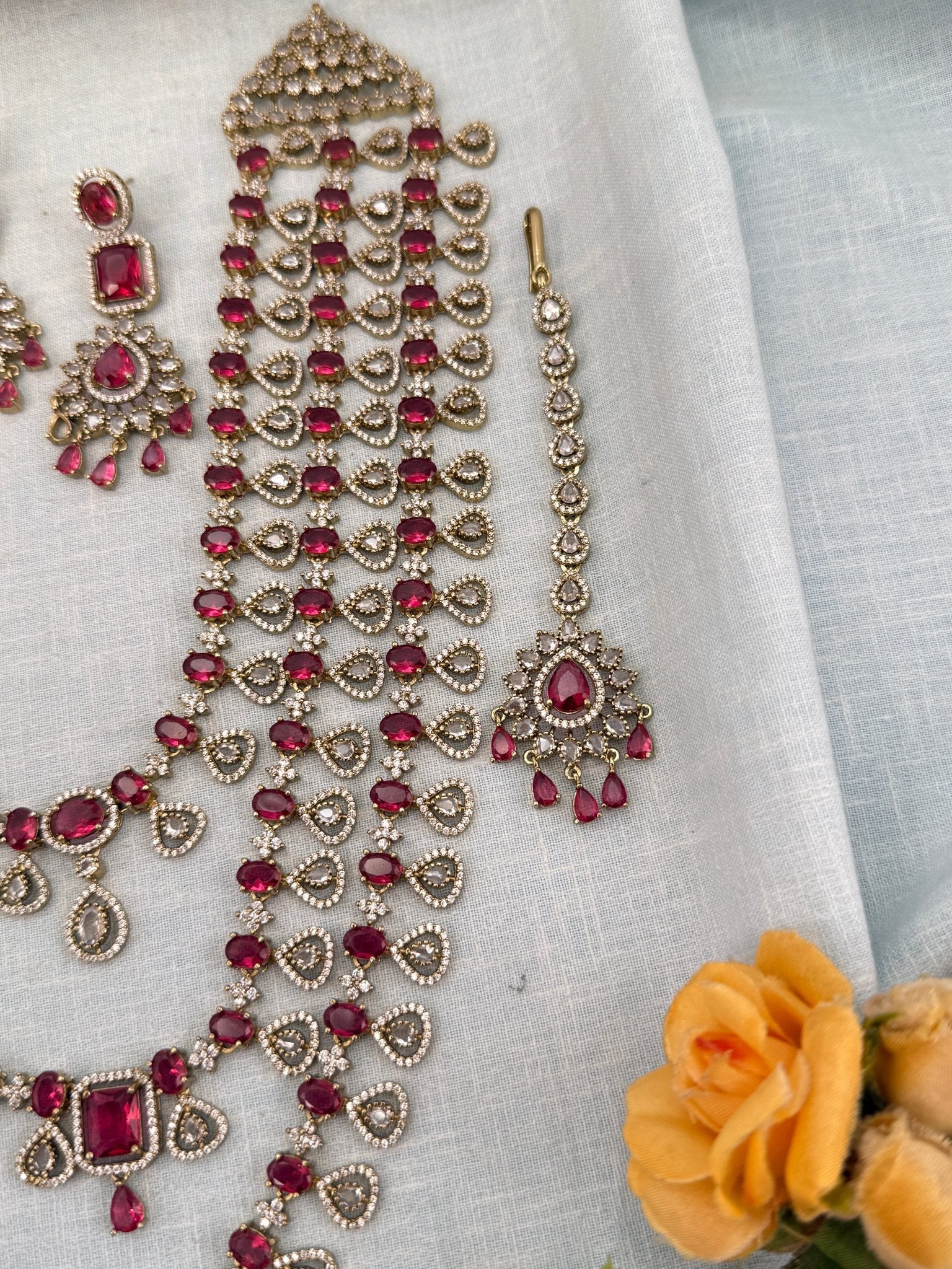 Luxurious Victorian Stone Layered Long Necklace Set 660 - Mahilas