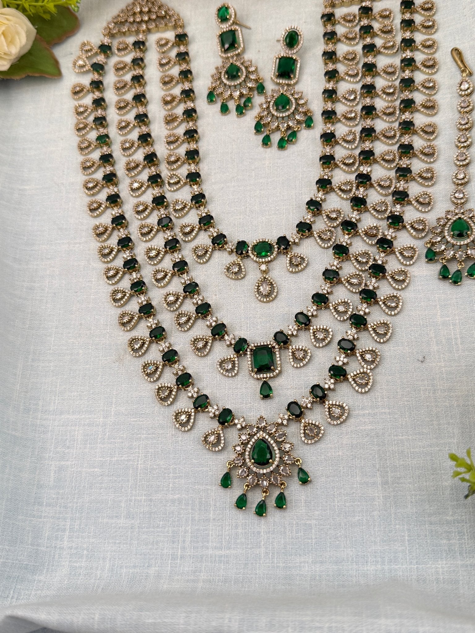 Luxurious Victorian Stone Layered Long Necklace Set 661 - Mahilas