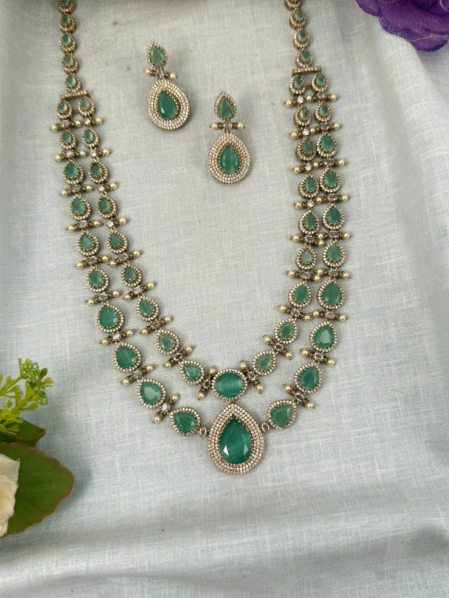 Luxurious Victorian Stone Long Necklace Set 637 - Mahilas