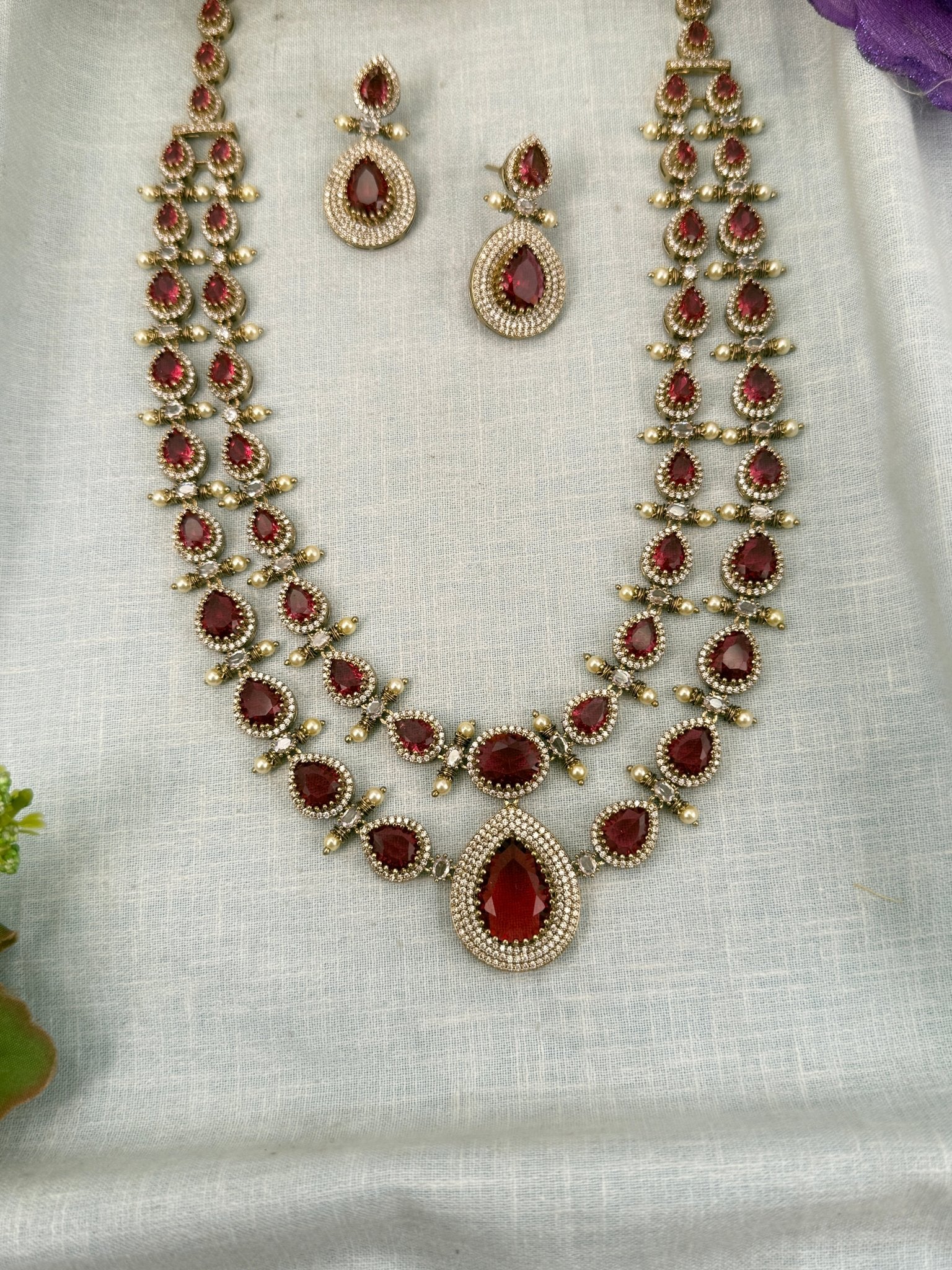 Luxurious Victorian Stone Long Necklace Set 638 - Mahilas