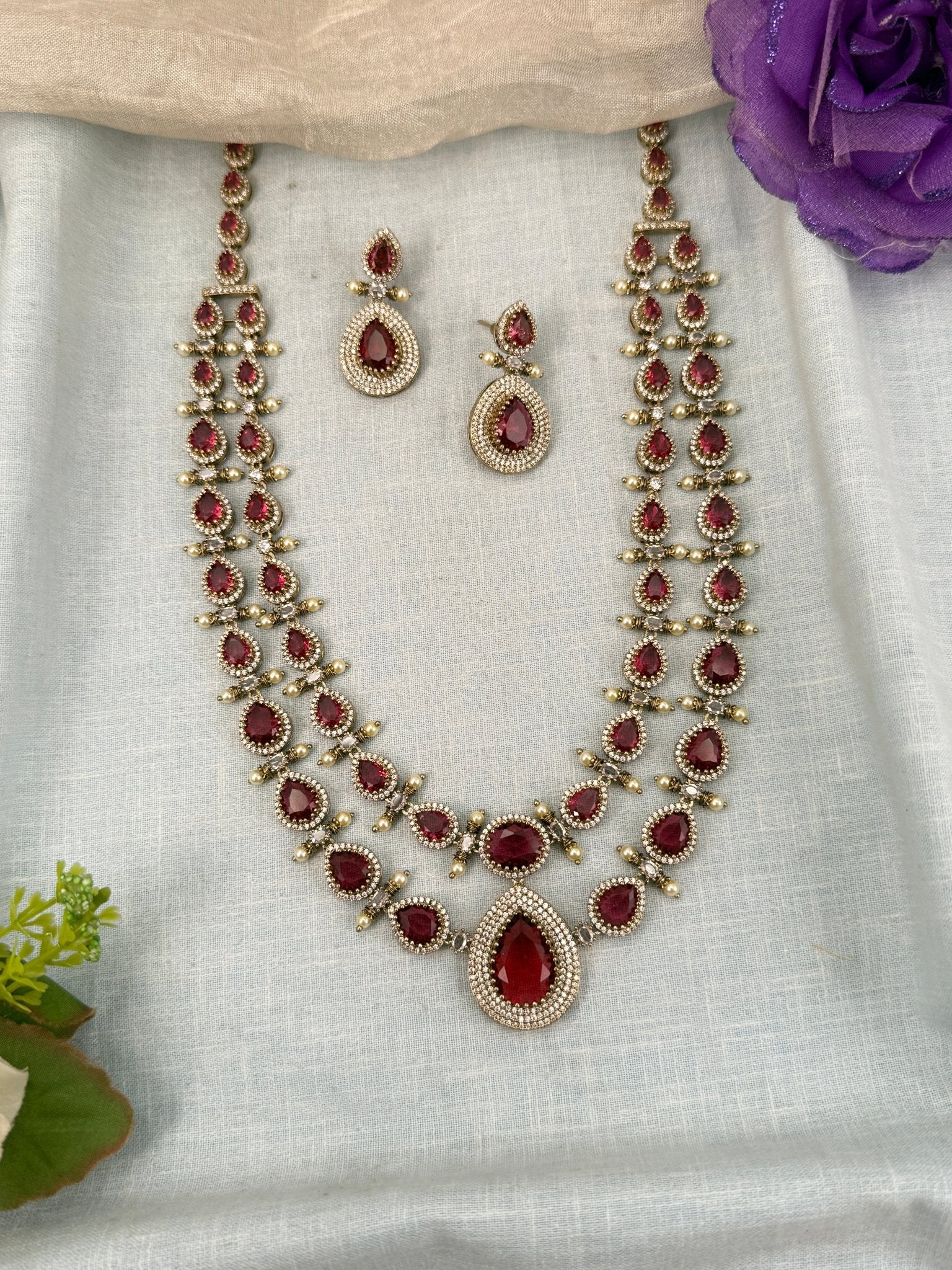 Luxurious Victorian Stone Long Necklace Set 638 - Mahilas
