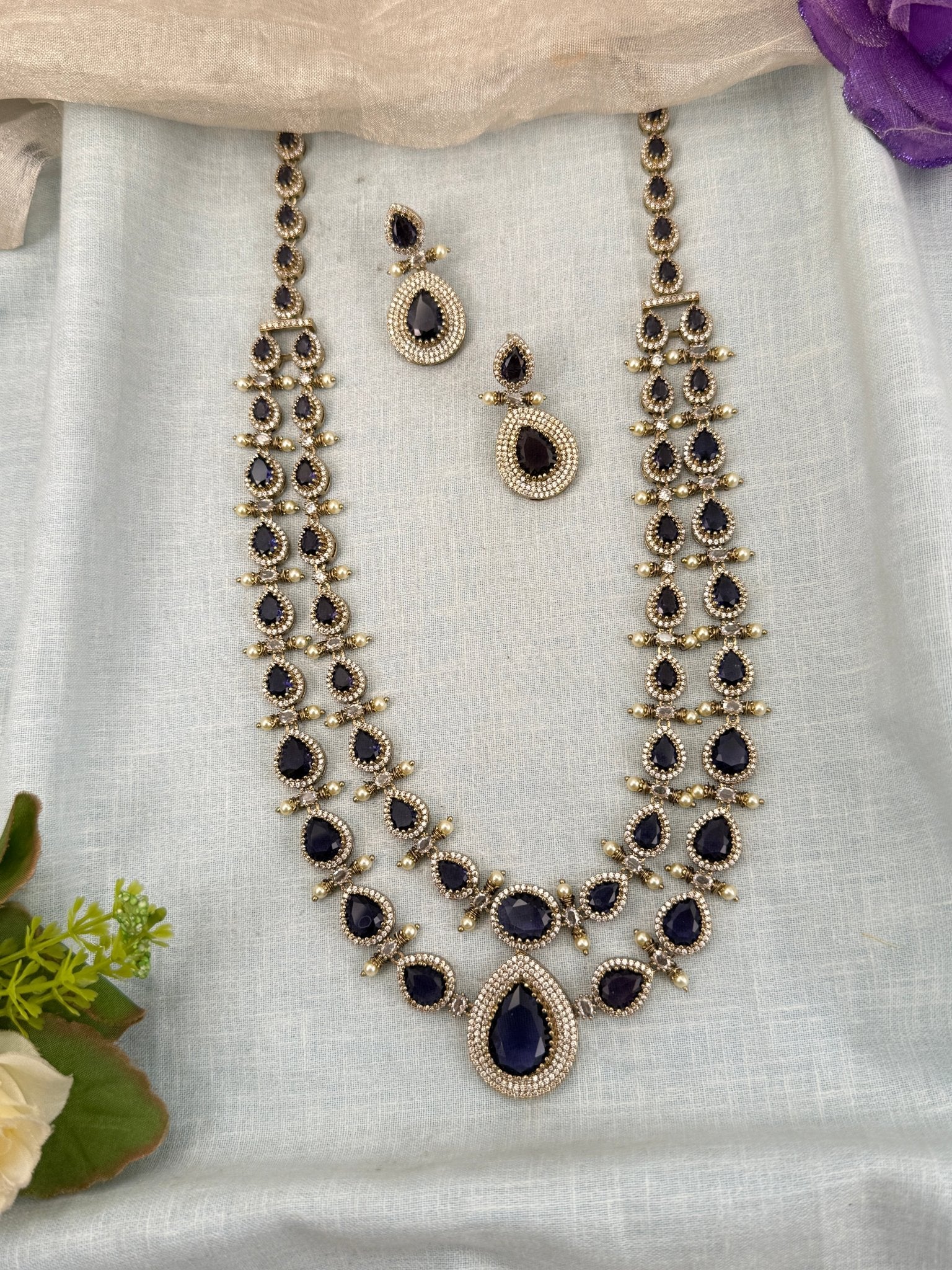 Luxurious Victorian Stone Long Necklace Set 642 - Mahilas