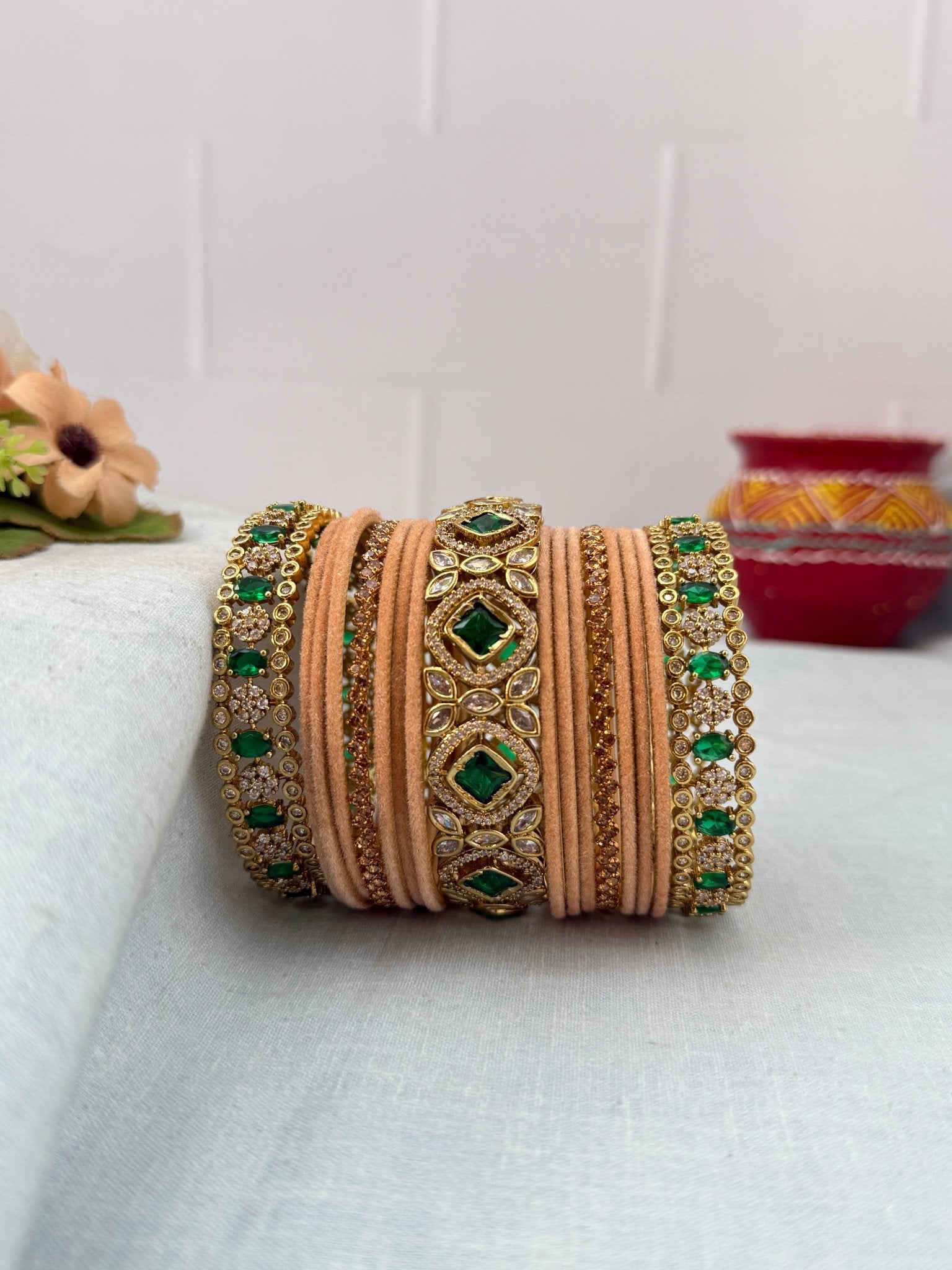 Luxurious Victorian Stone with Velvel Bridal Bangle Set - 5311 (11 Color Options) - Mahilas