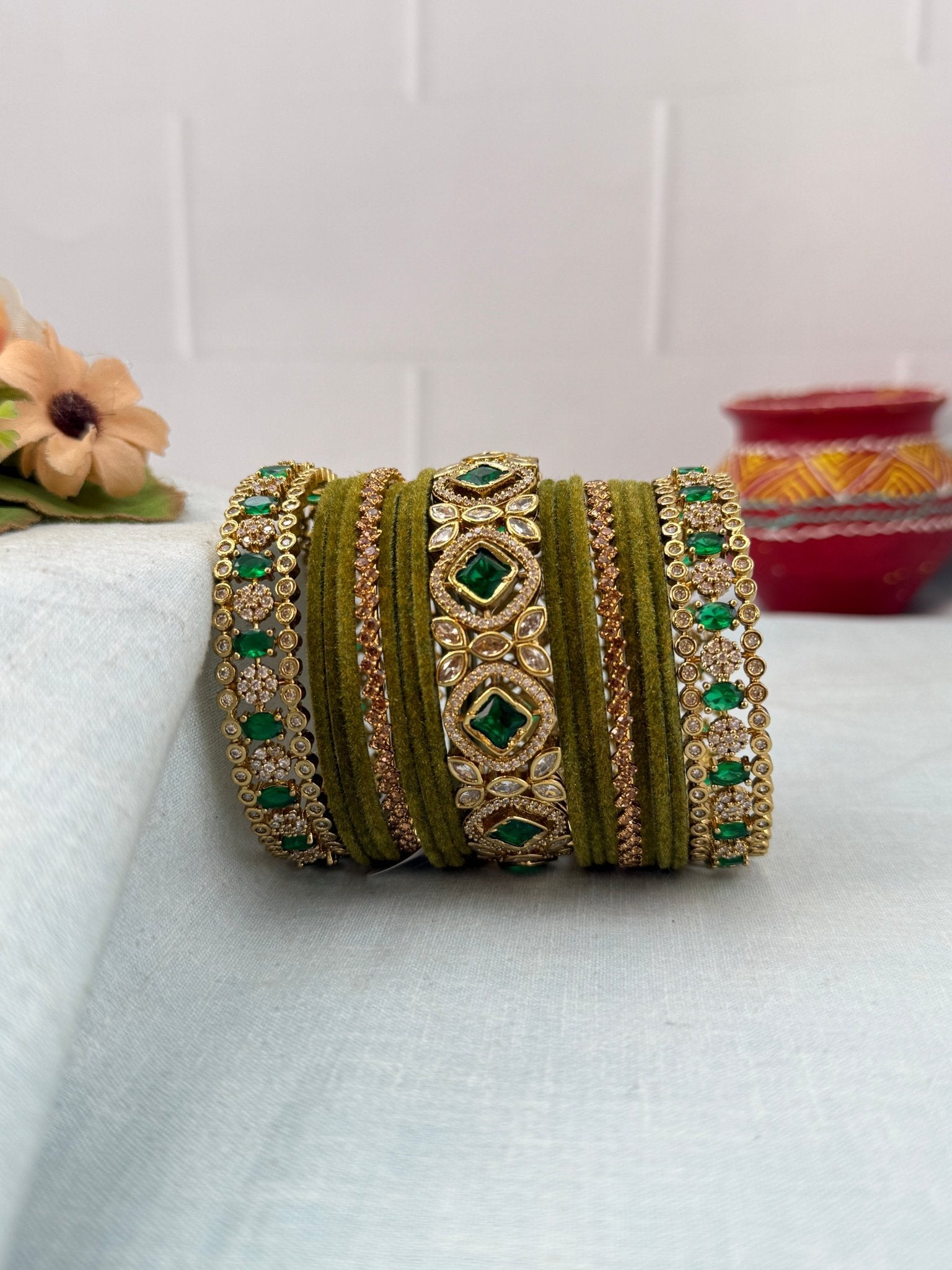 Luxurious Victorian Stone with Velvel Bridal Bangle Set - 5311 (11 Color Options) - Mahilas