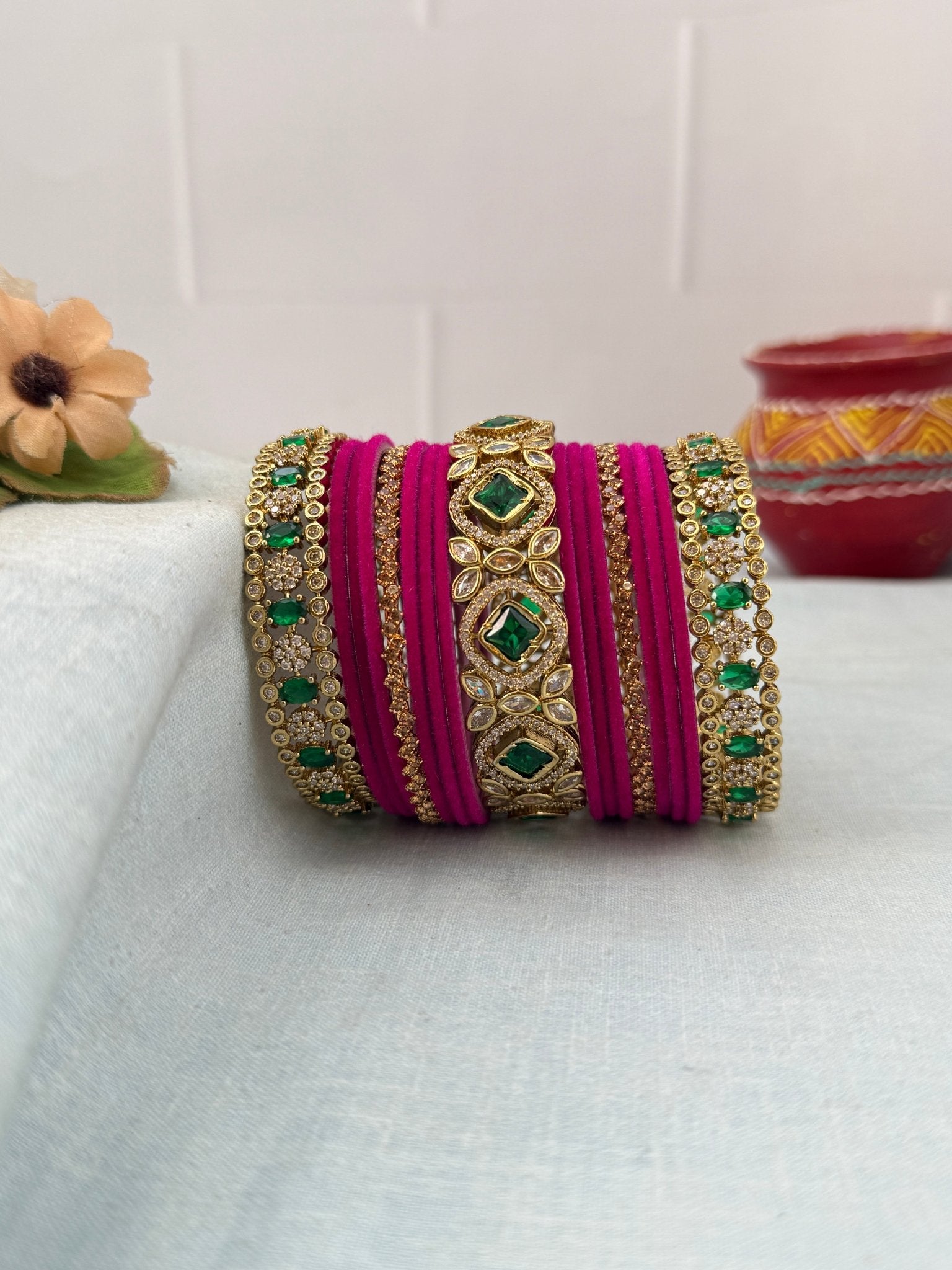 Luxurious Victorian Stone with Velvel Bridal Bangle Set - 5311 (11 Color Options) - Mahilas
