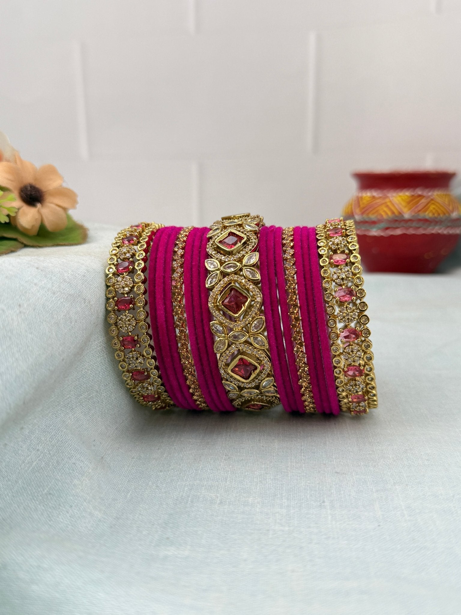 Luxurious Victorian Stone with Velvel Bridal Bangle Set - 5311 (11 Color Options) - Mahilas