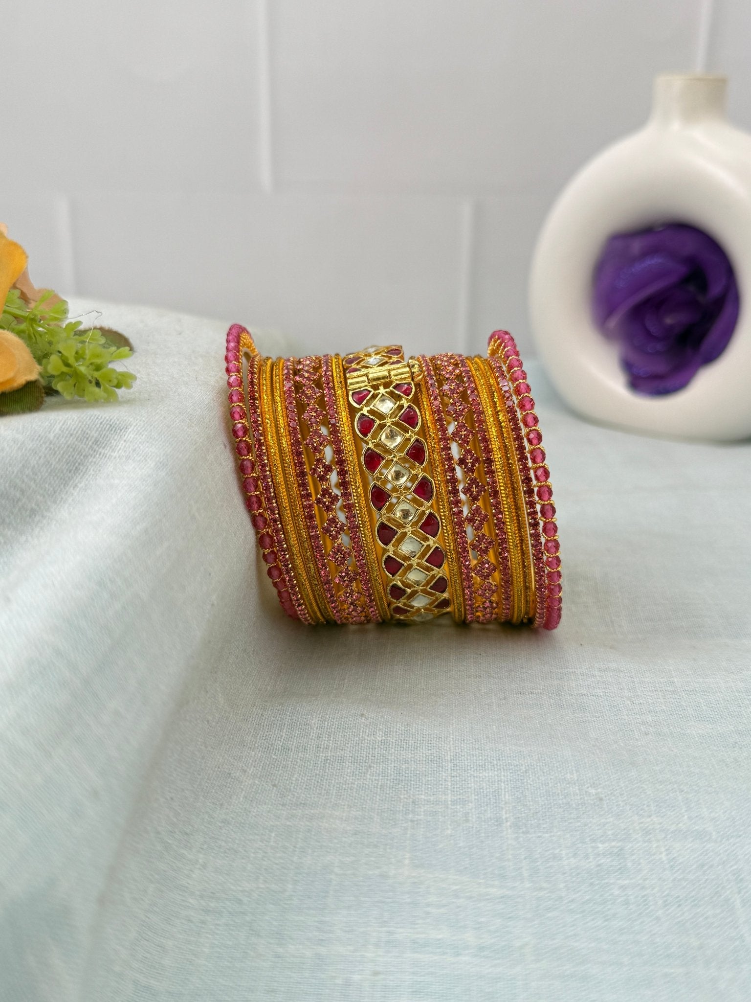 Luxurious Yellow Pink Jadau Kundan Bridal Bangle Set 5292 - Mahilas
