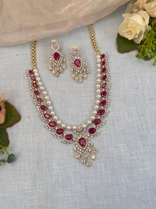 Luxurious Zircon Stone Pearl Short Necklace Set 512 - Mahilas