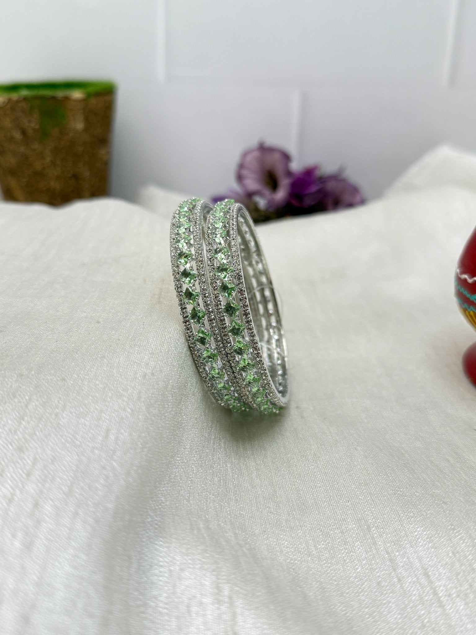 Luxury Stone Bangle Design Vajra - Silver Base - 15 Colors - Mahilas