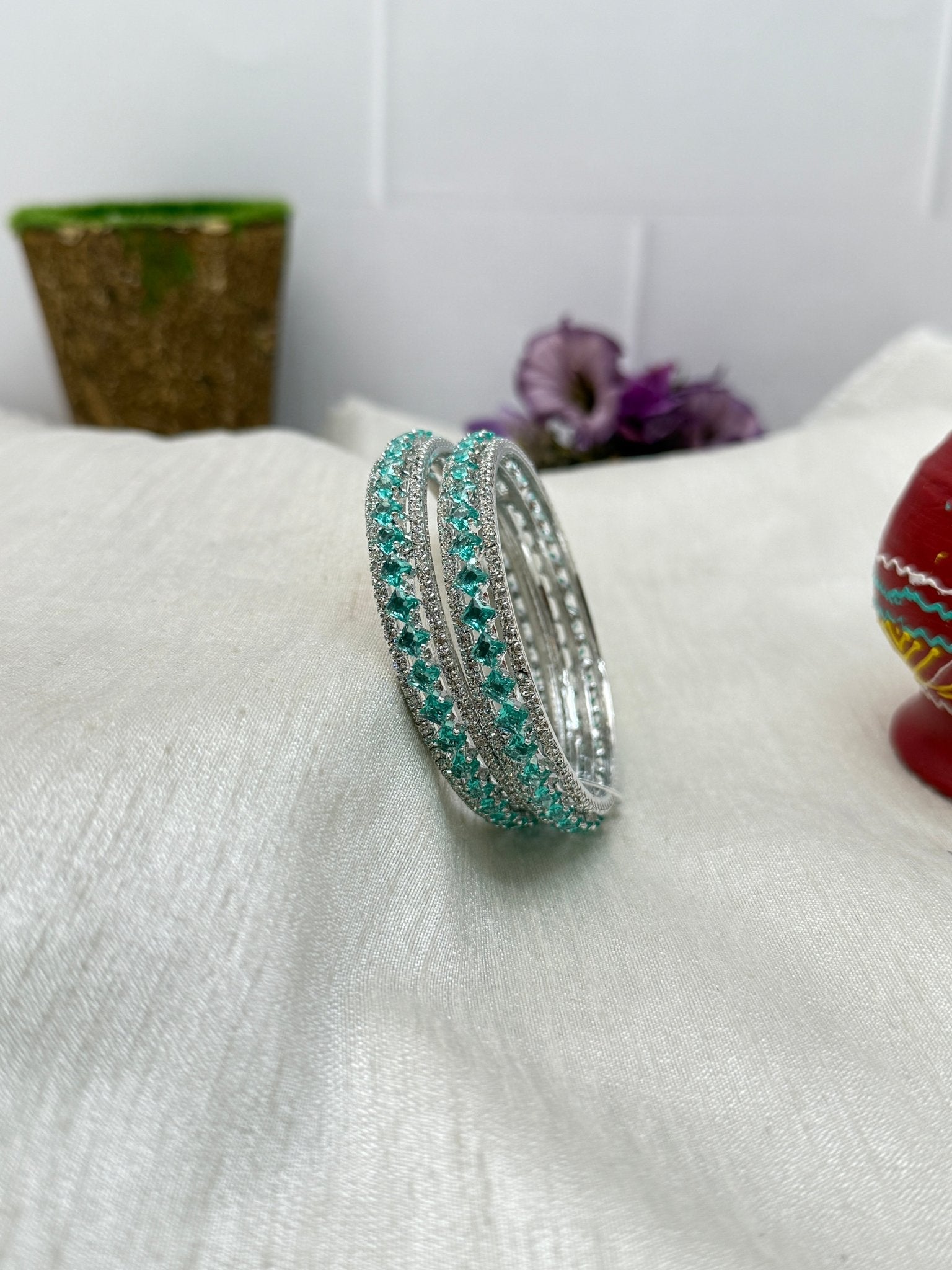 Luxury Stone Bangle Design Vajra - Silver Base - 15 Colors - Mahilas