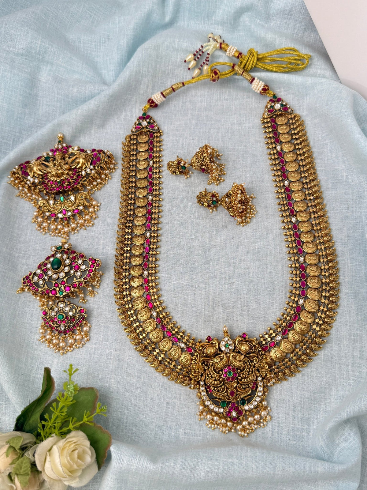 Maharani Grand Changable Pendant Antique Kaasu Necklace Long Set | N1022 - Mahilas