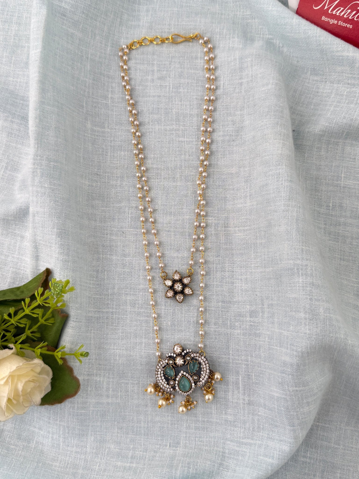 Pearl Layered Necklace Stone Pendant Premium Long| N1154 - Mahilas