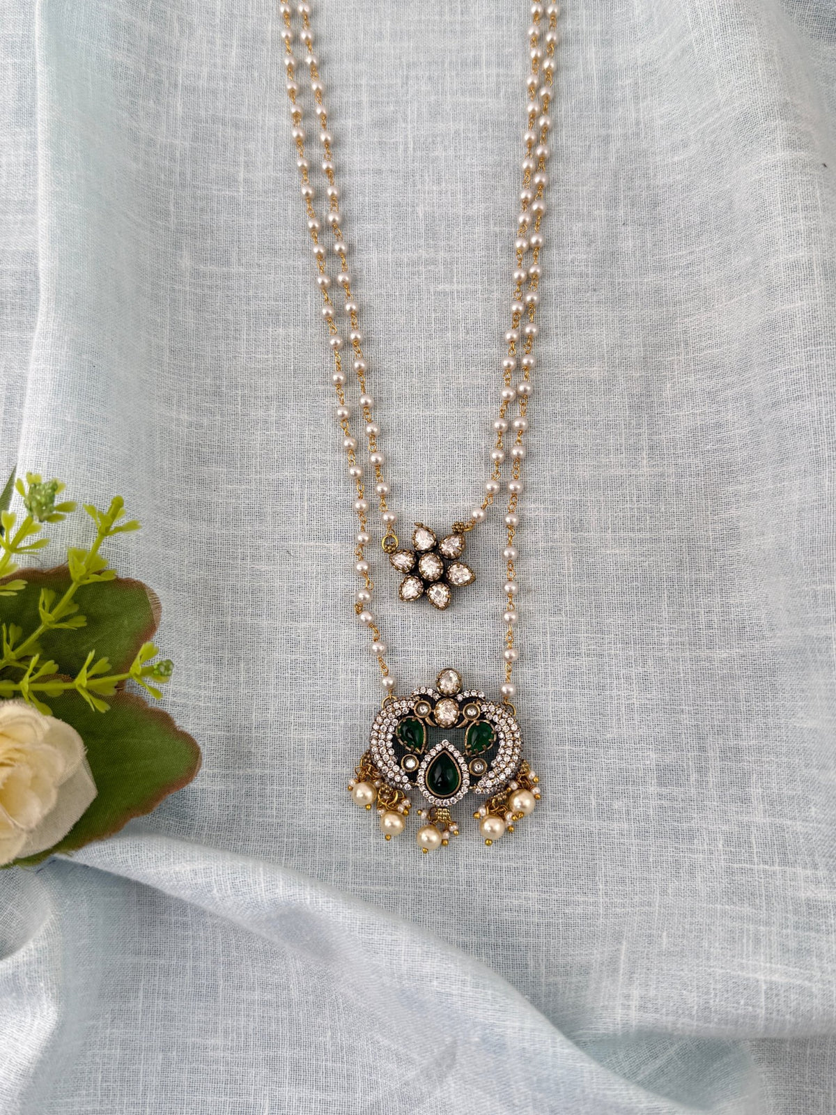 Pearl Layered Necklace Stone Pendant Premium Long| N1156 - Mahilas