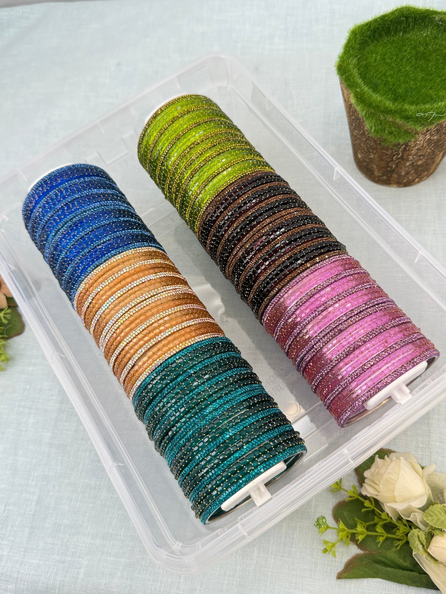 Premium Plain Metal Bangles with Rain Drop Glass Bangle Full Box 6 Colors - 3467 - Mahilas