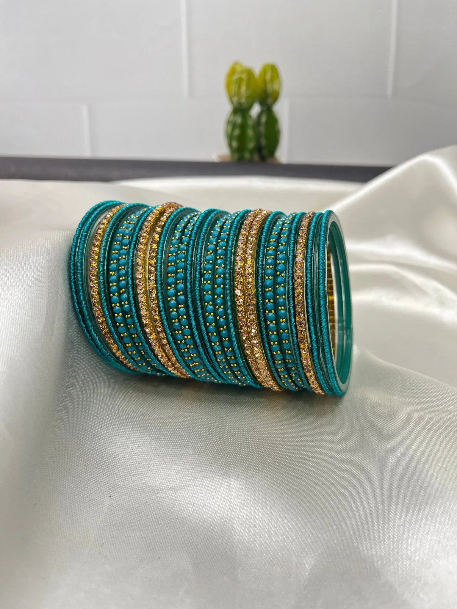 Rama Blue Gold Glass and Stone Bangle Set 5050 - Main Image