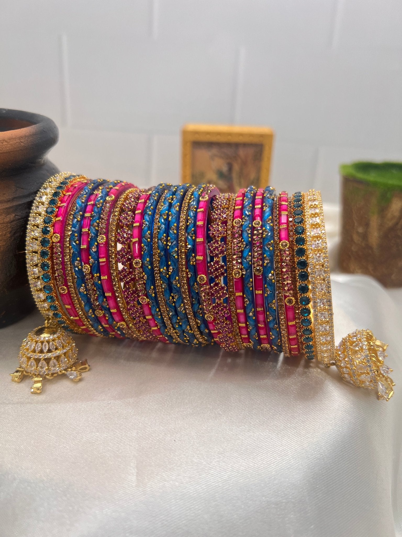 Rani Pink & Blue Stone & Glass Bridal Bangle Set 5028 - Mahilas