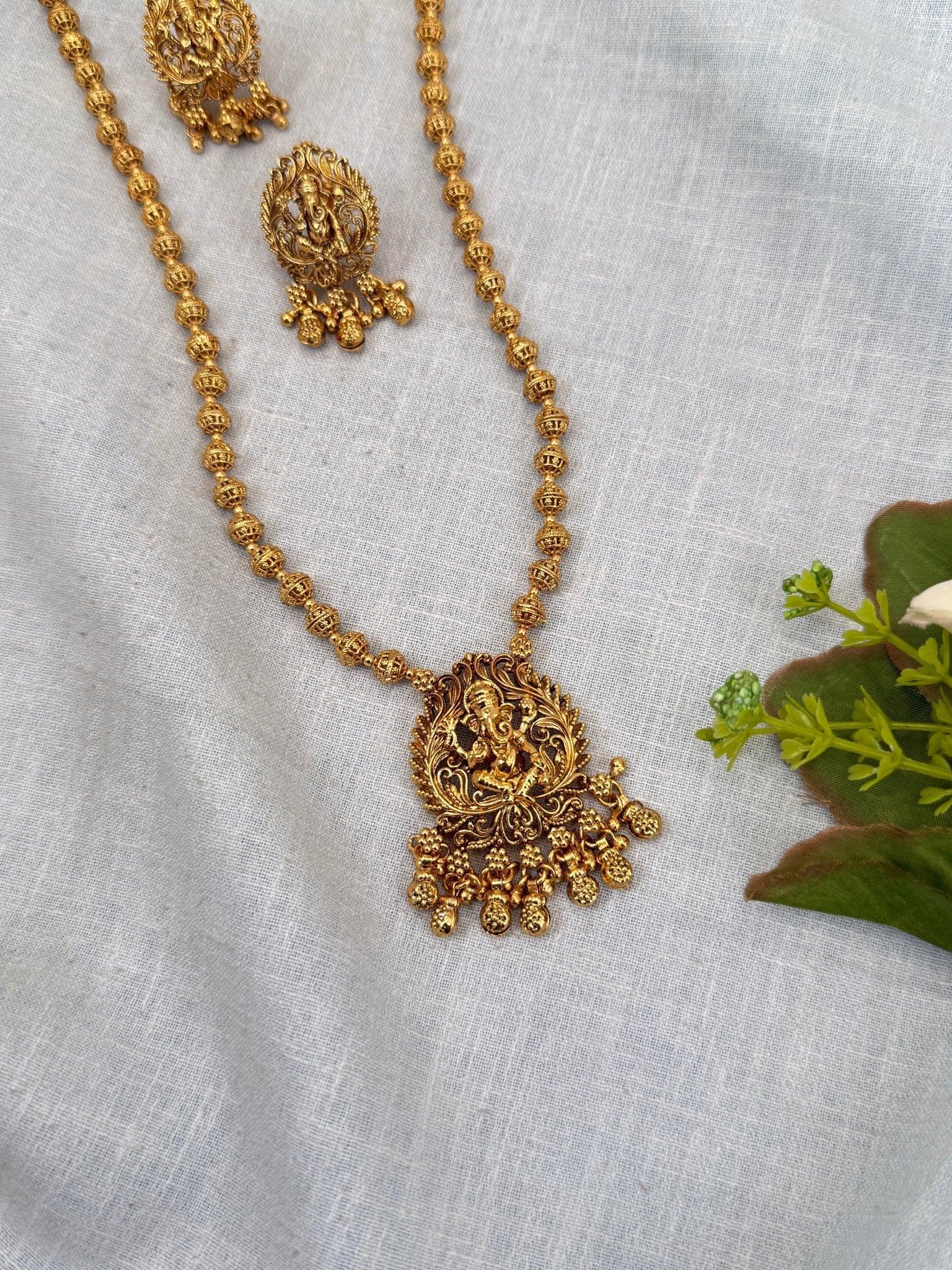 Royal Antique Ganesha Pendant Mid Long Necklace Set 0281 - Mahilas