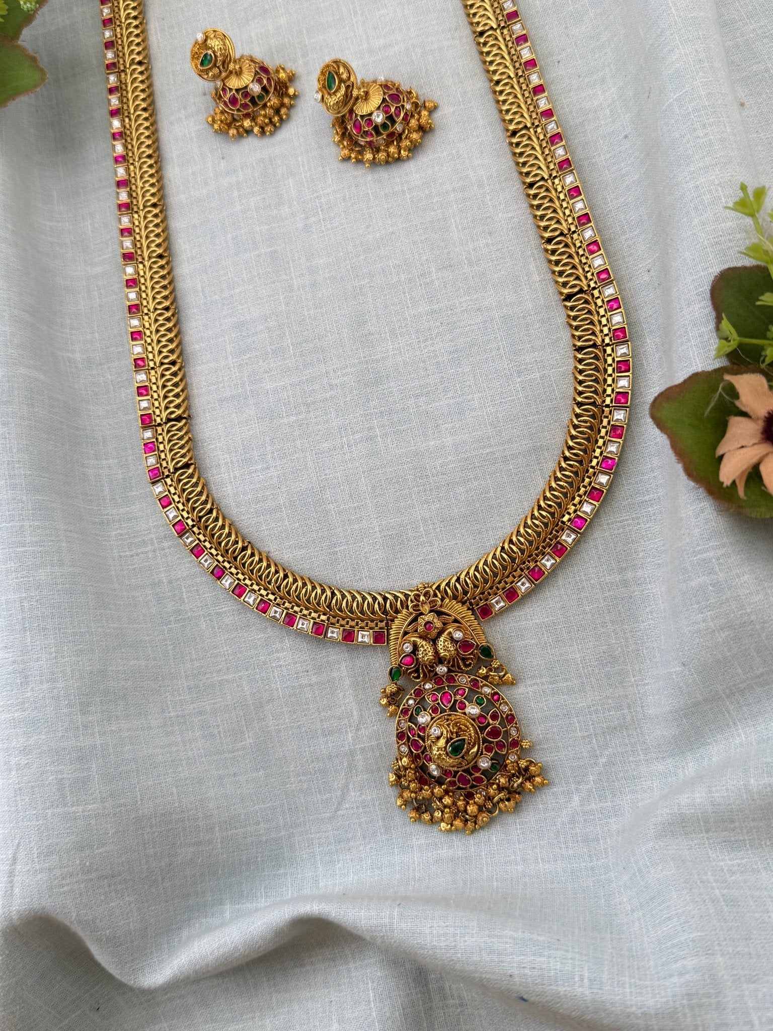 Royal Antique Grand Jadau Jilebi Long Pendant Necklace Set 1153 - Mahilas