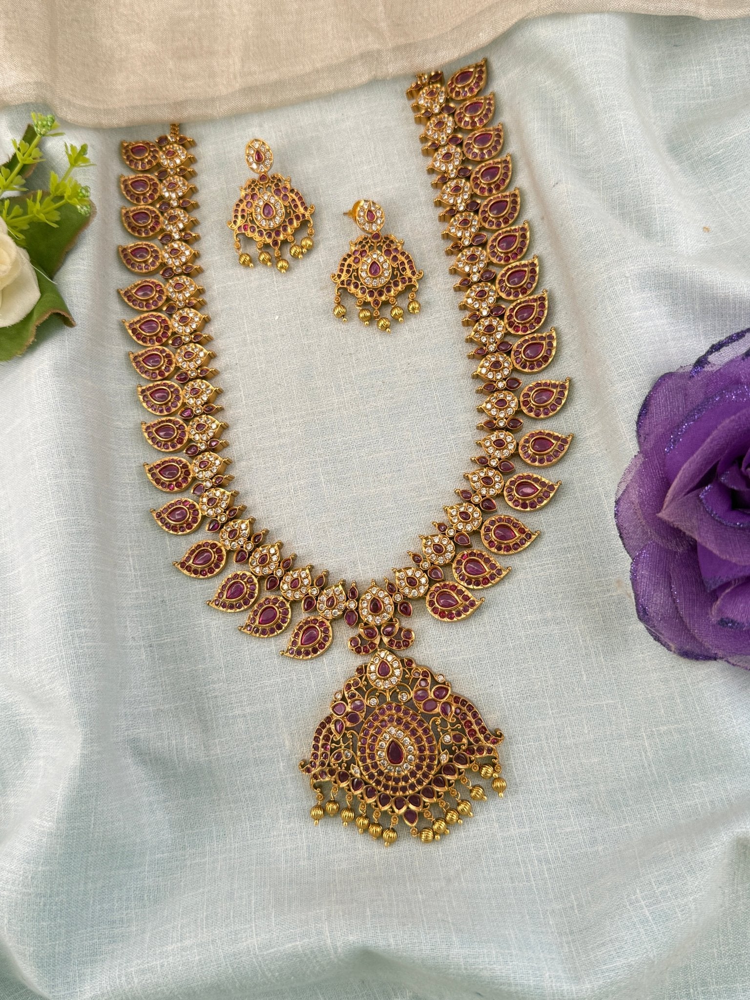 Royal Antique Grand Mango Pendant Long Necklace Set 1238 - Mahilas