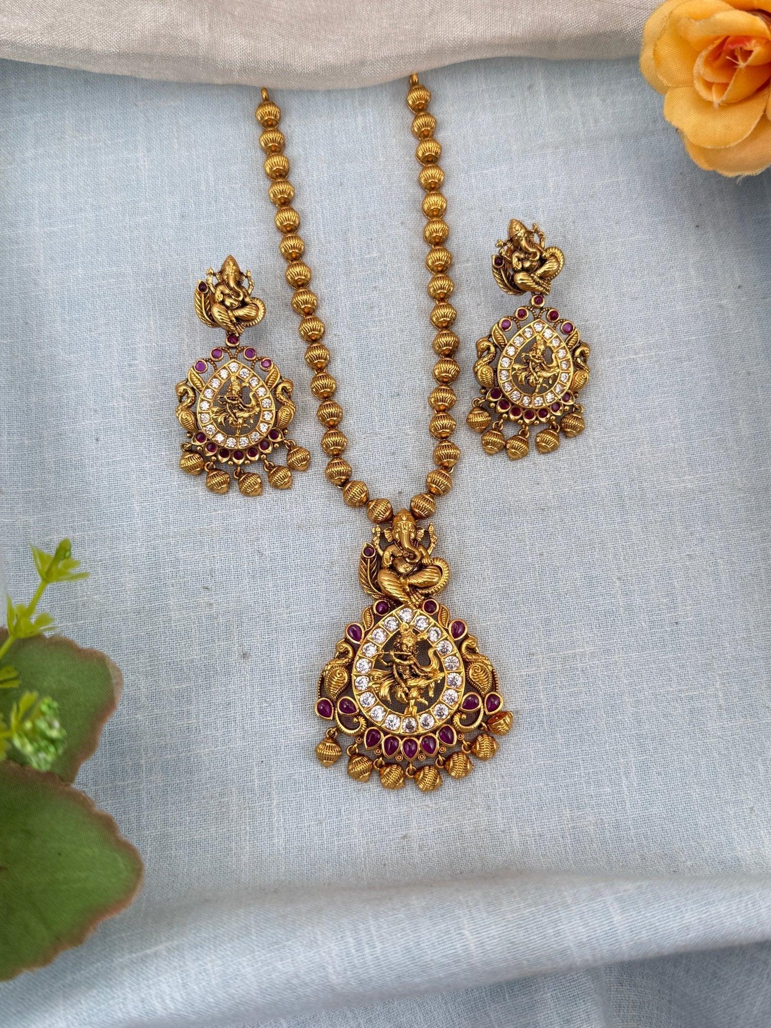 Royal Antique Krishna Ganesha Short Necklace Set 0131 - Mahilas