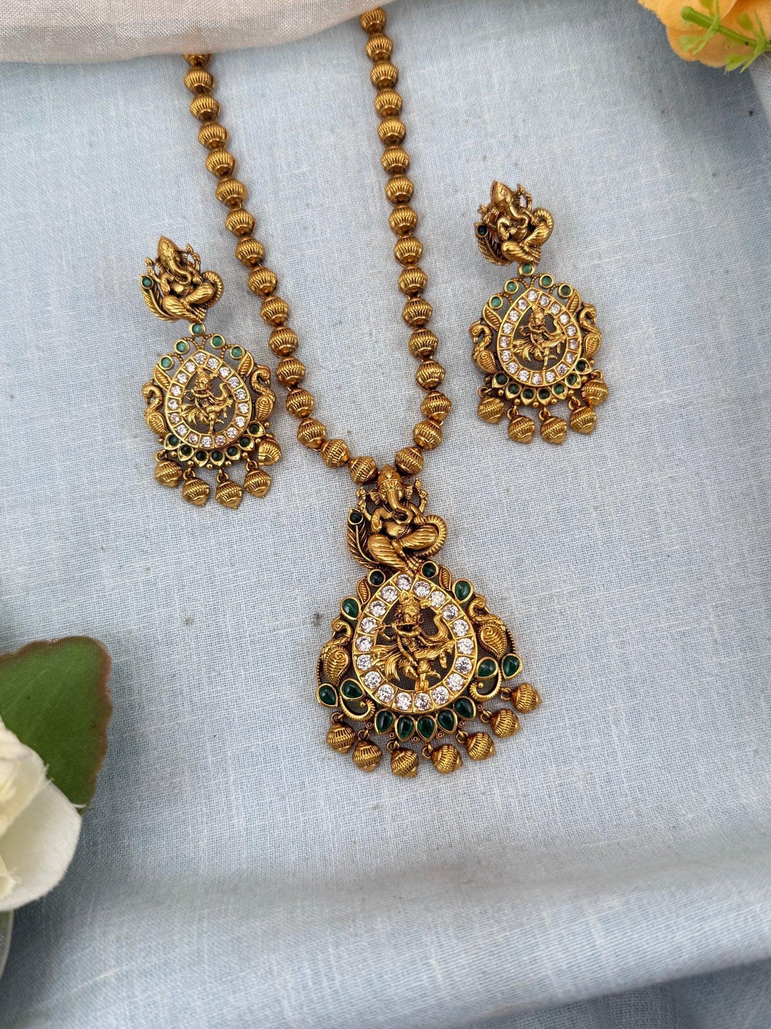 Royal Antique Krishna Ganesha Short Necklace Set 0139 - Mahilas