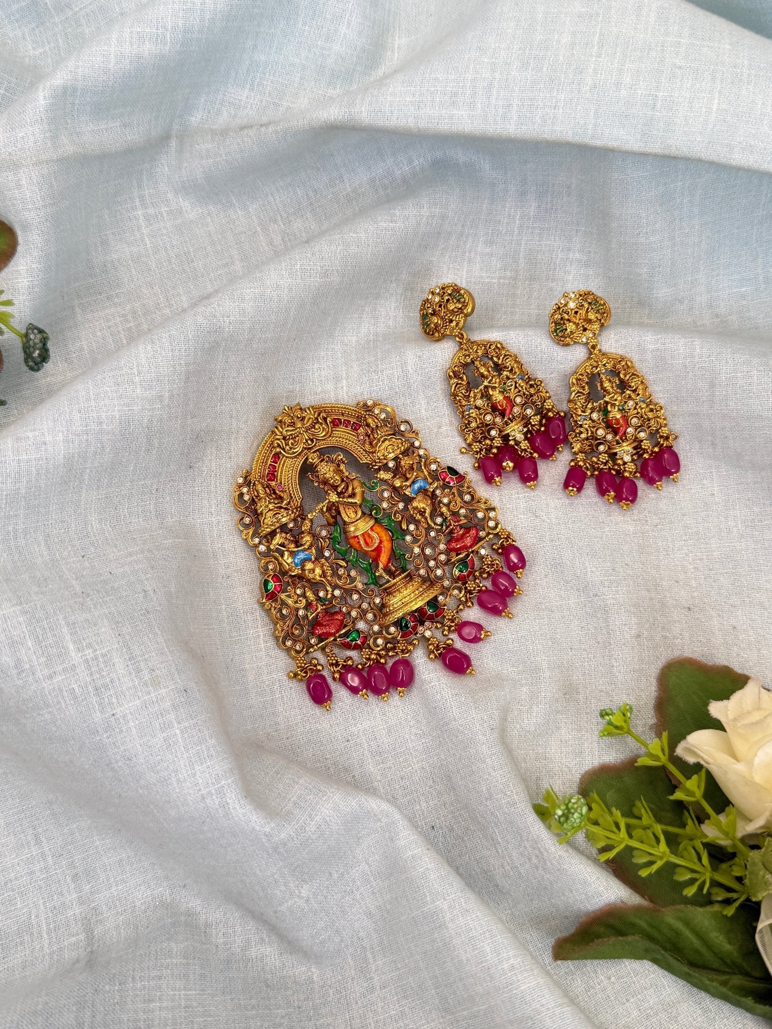 Royal Antique Krishna Pendant With Earrings 230 - Mahilas