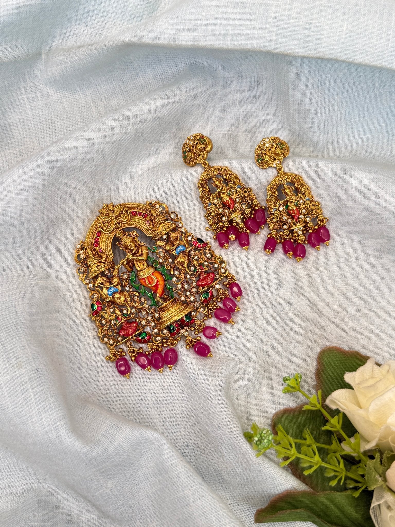 Royal Antique Krishna Pendant With Earrings 230 - Mahilas