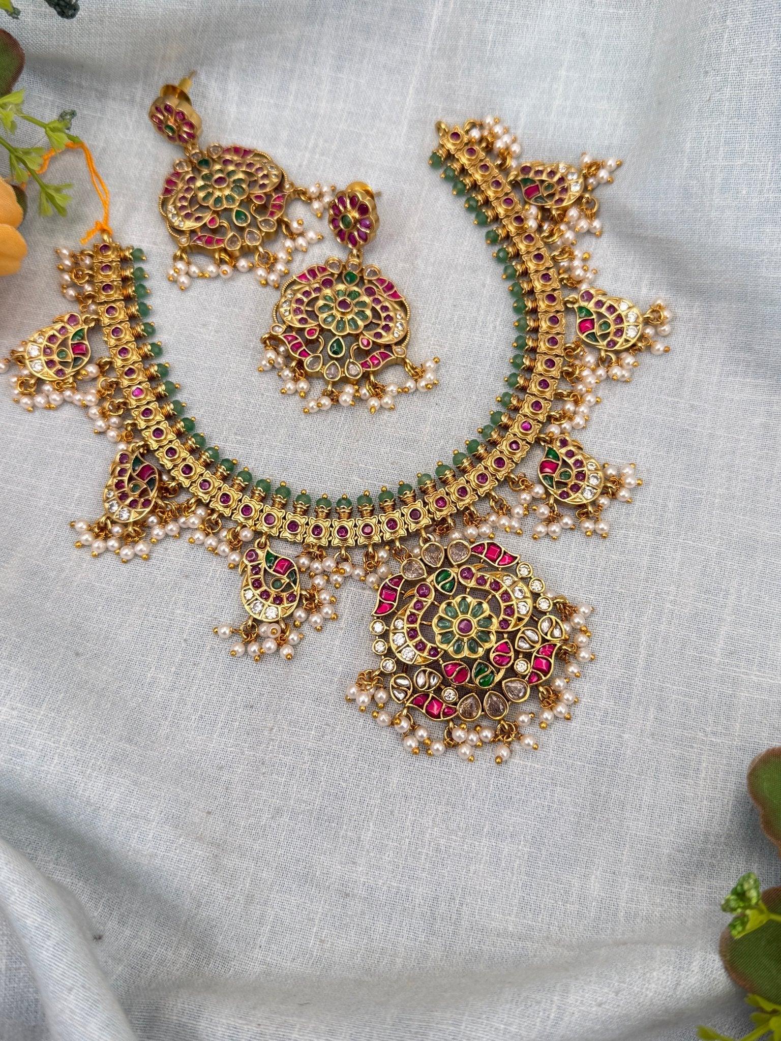 Royal Antique Kundan Beads Choker Necklace Set 0274 - Mahilas