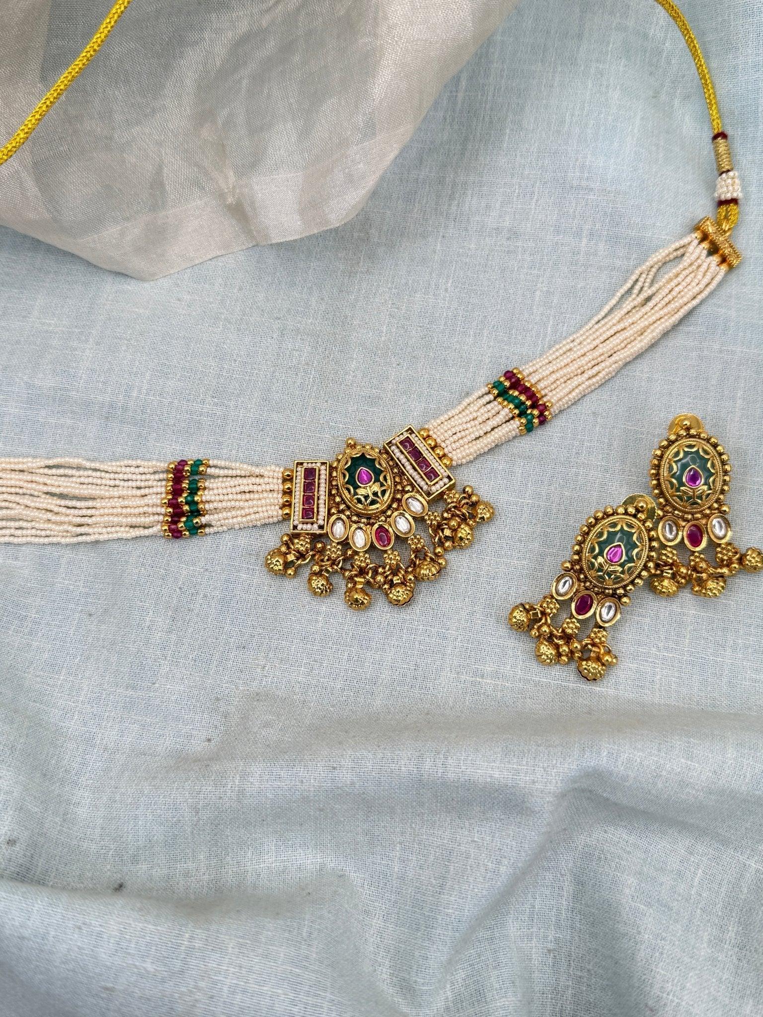 Royal Antique Kundan Beads Choker Necklace Set 0274 - Mahilas