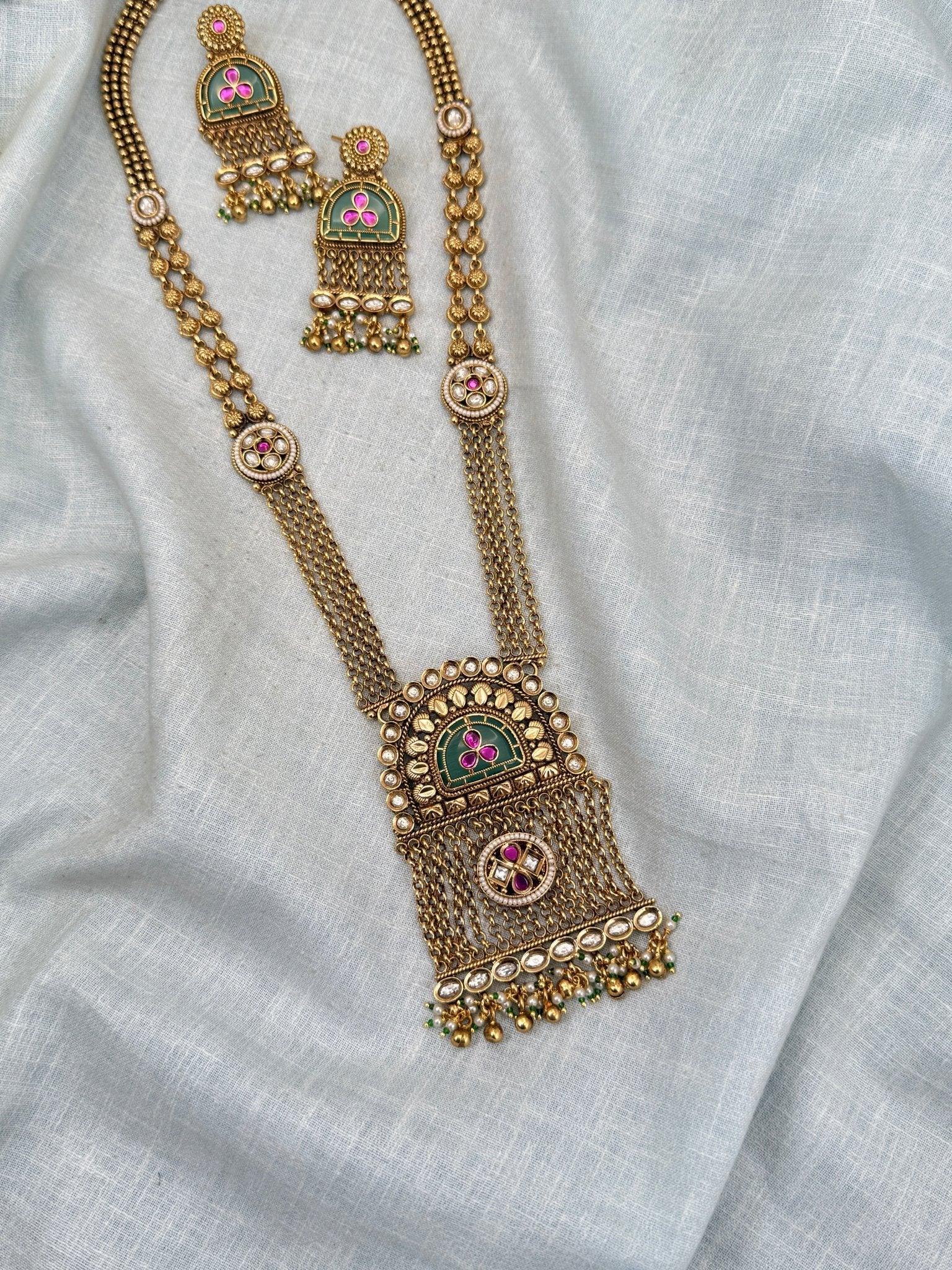 Royal Antique Kundan Pendant Long Necklace Set 0288 - Mahilas
