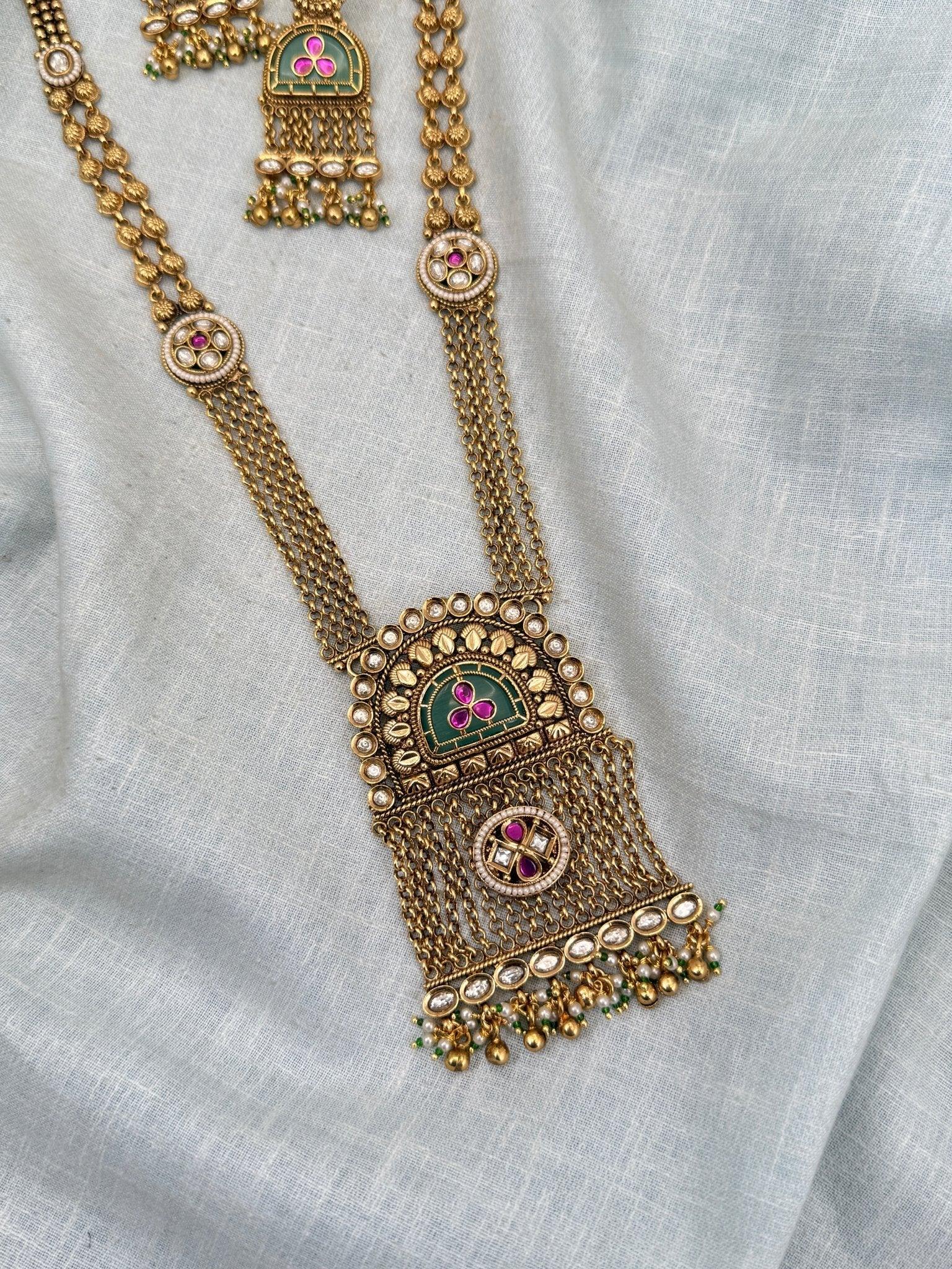 Royal Antique Kundan Pendant Long Necklace Set 0288 - Mahilas