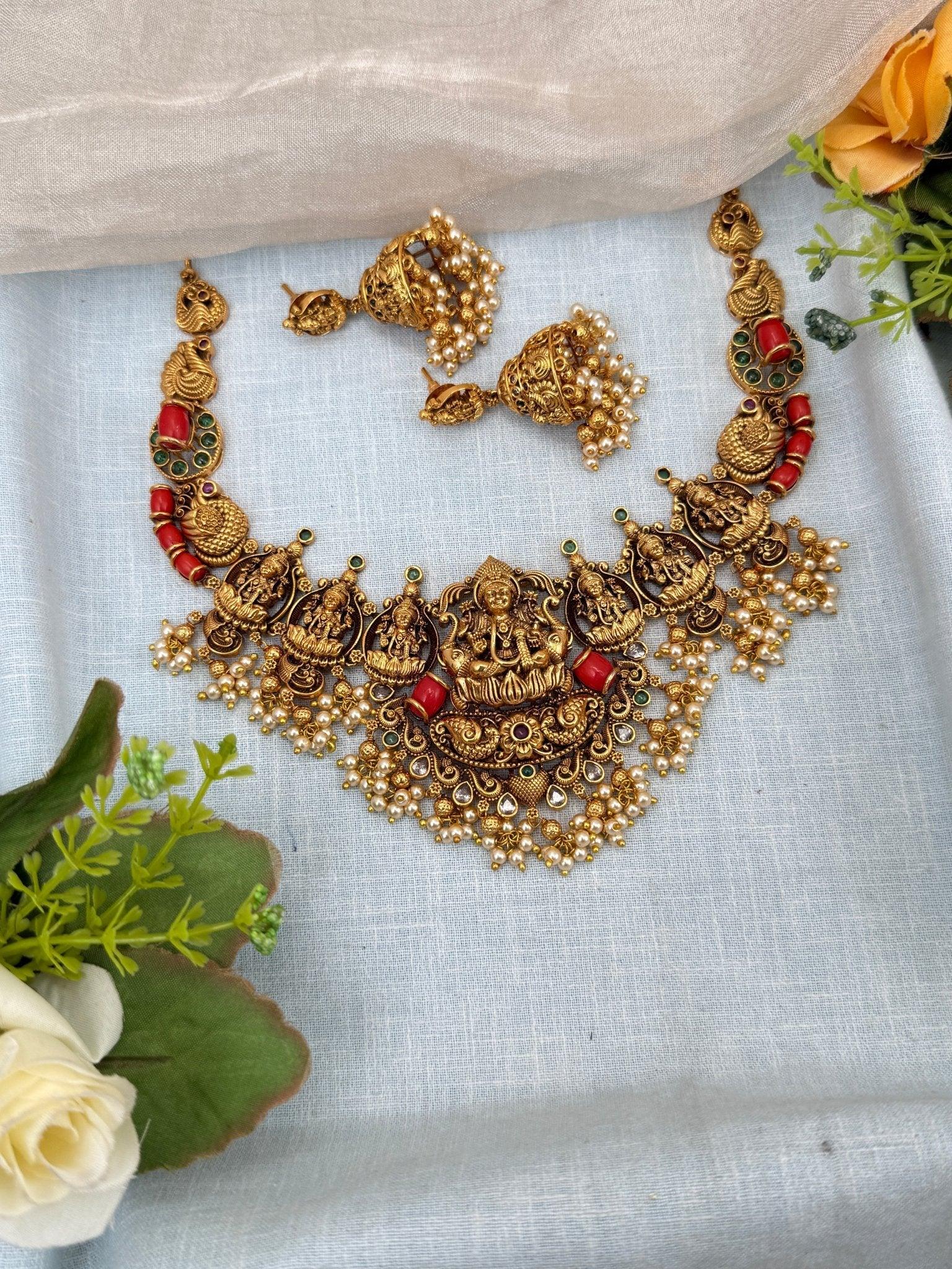 Royal Antique Lakshmi Coral Stone Short Necklace Set 0220 - Mahilas