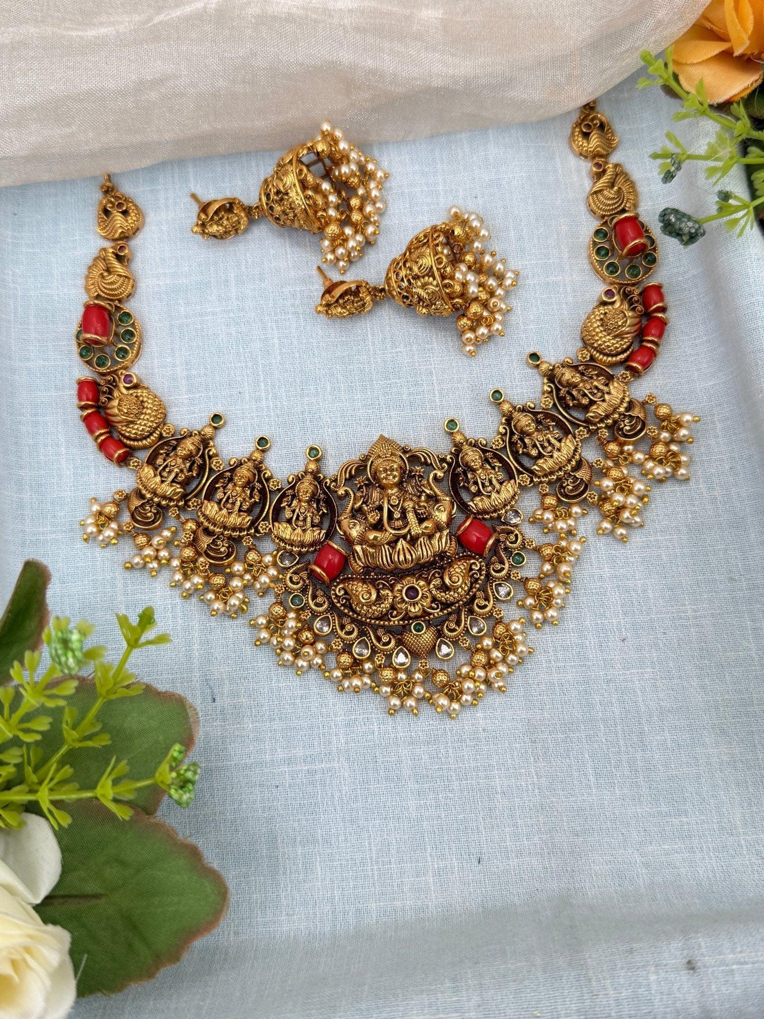 Royal Antique Lakshmi Coral Stone Short Necklace Set 0220 - Mahilas