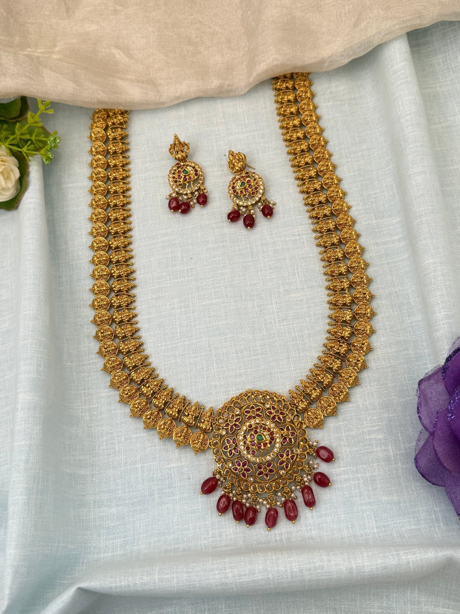 Royal Antique Lakshmi Kaasu Pendant Necklace Set 0499 - Mahilas