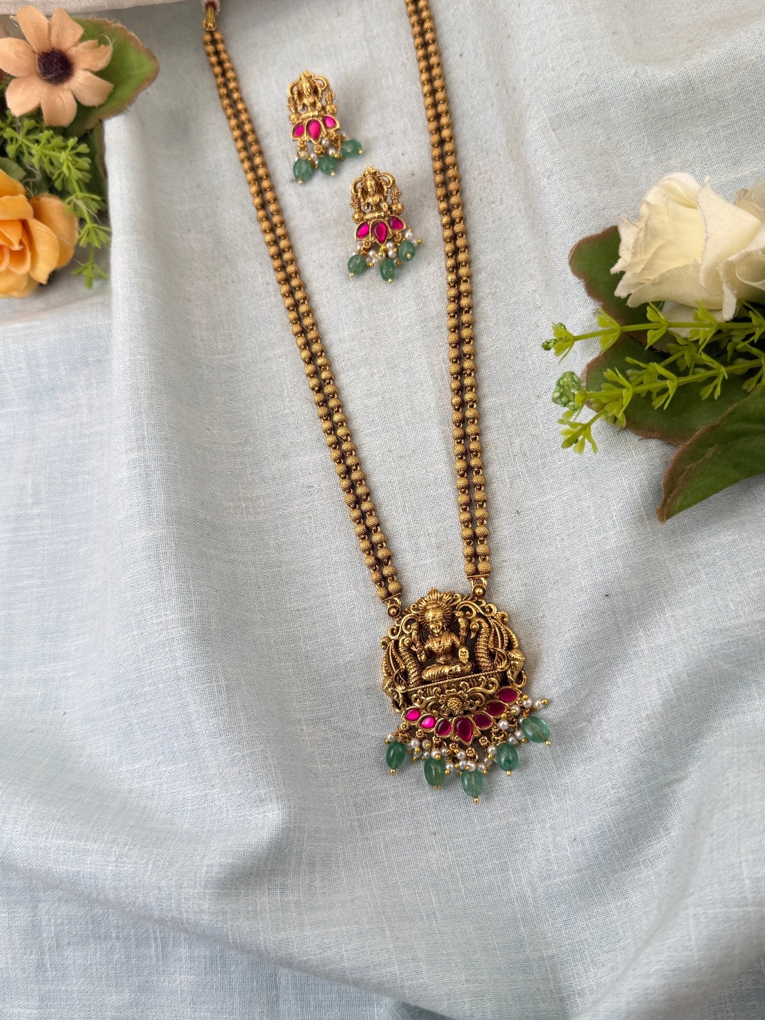Royal Antique Lakshmi Pendant Long Necklace Set 1074 - Mahilas