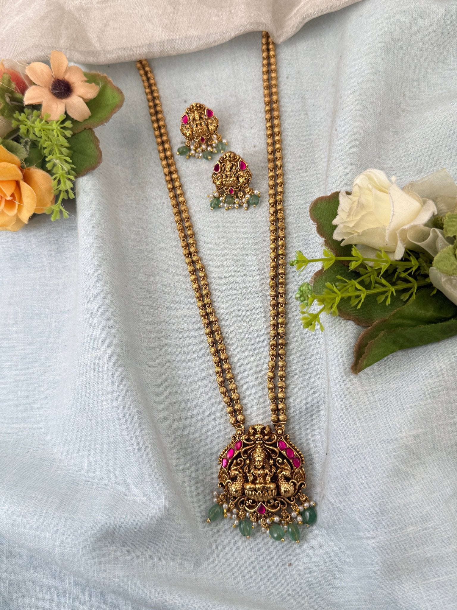 Royal Antique Lakshmi Pendant Long Necklace Set 1083 - Mahilas