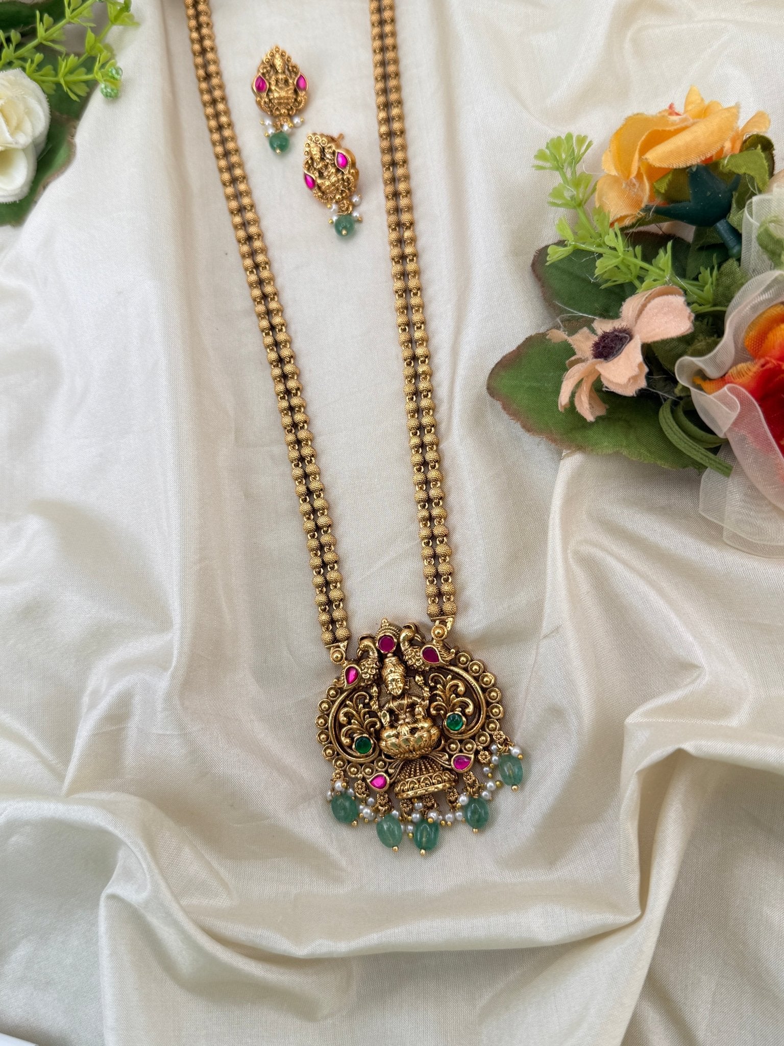 Royal Antique Lakshmi Pendant Long Necklace Set 1120 - Mahilas
