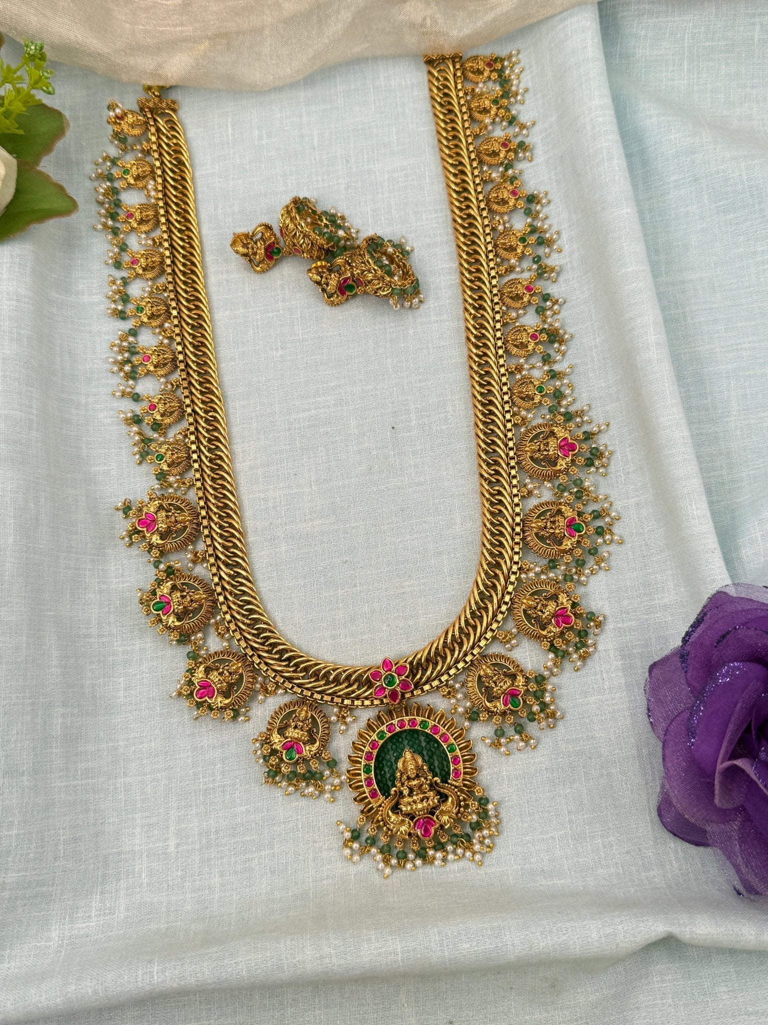 Royal Antique Long Guttapusalu Lakshmi Necklace Set 0645 - Mahilas