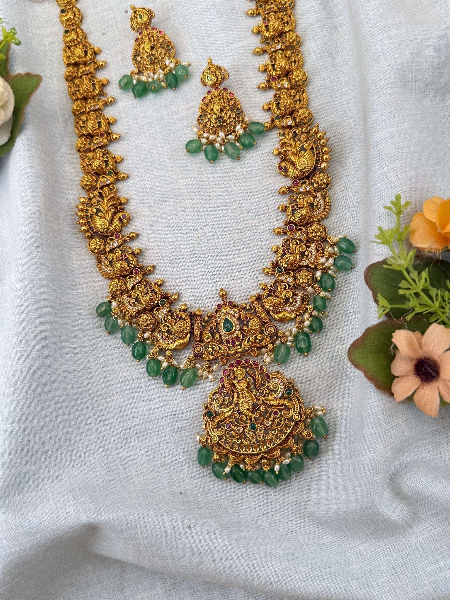 Royal Antique Long Pendant Krishna Necklace Set 1148 - Mahilas