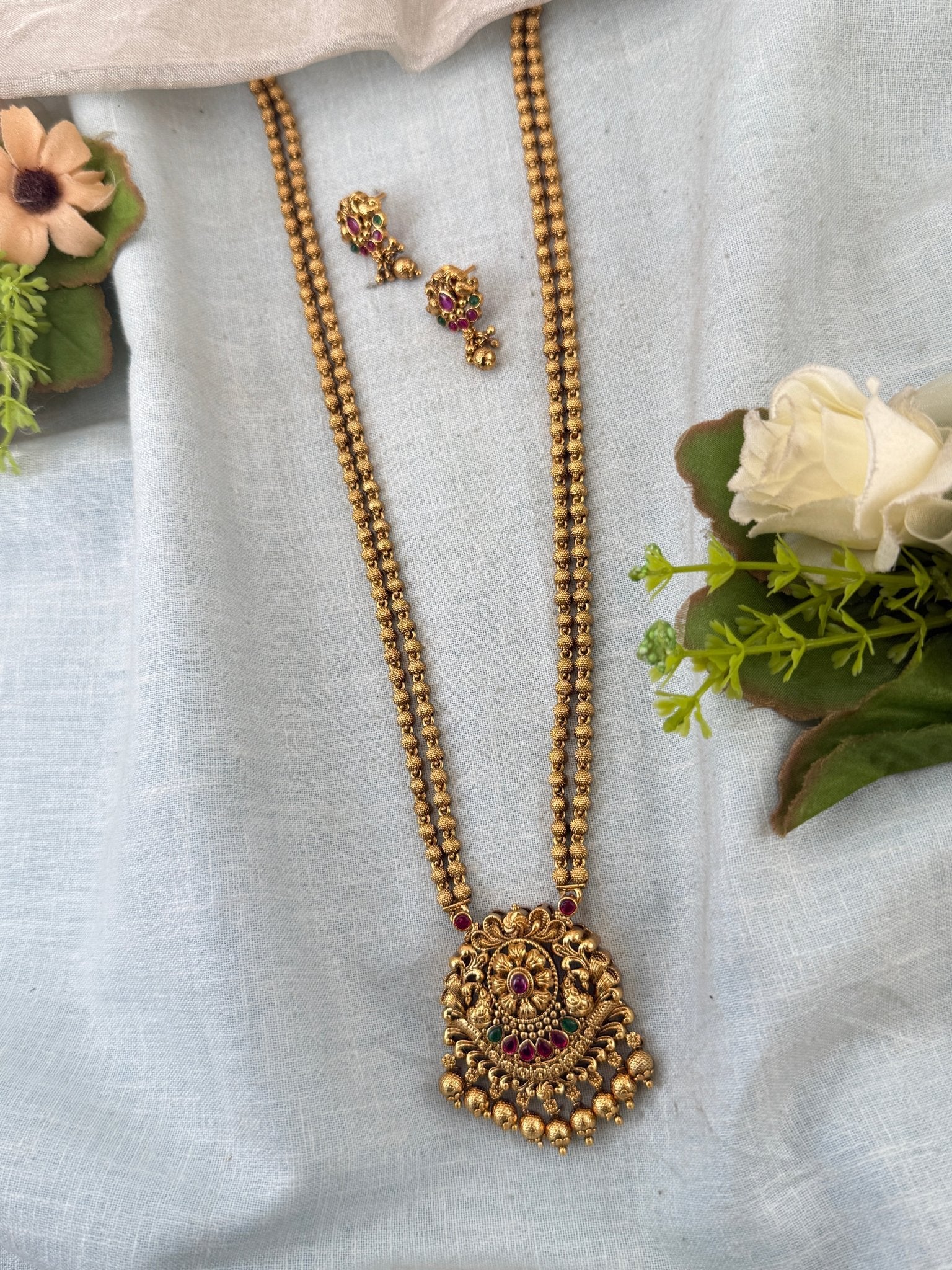 Royal Antique Peacock Pendant Long Necklace Set 1079 - Mahilas