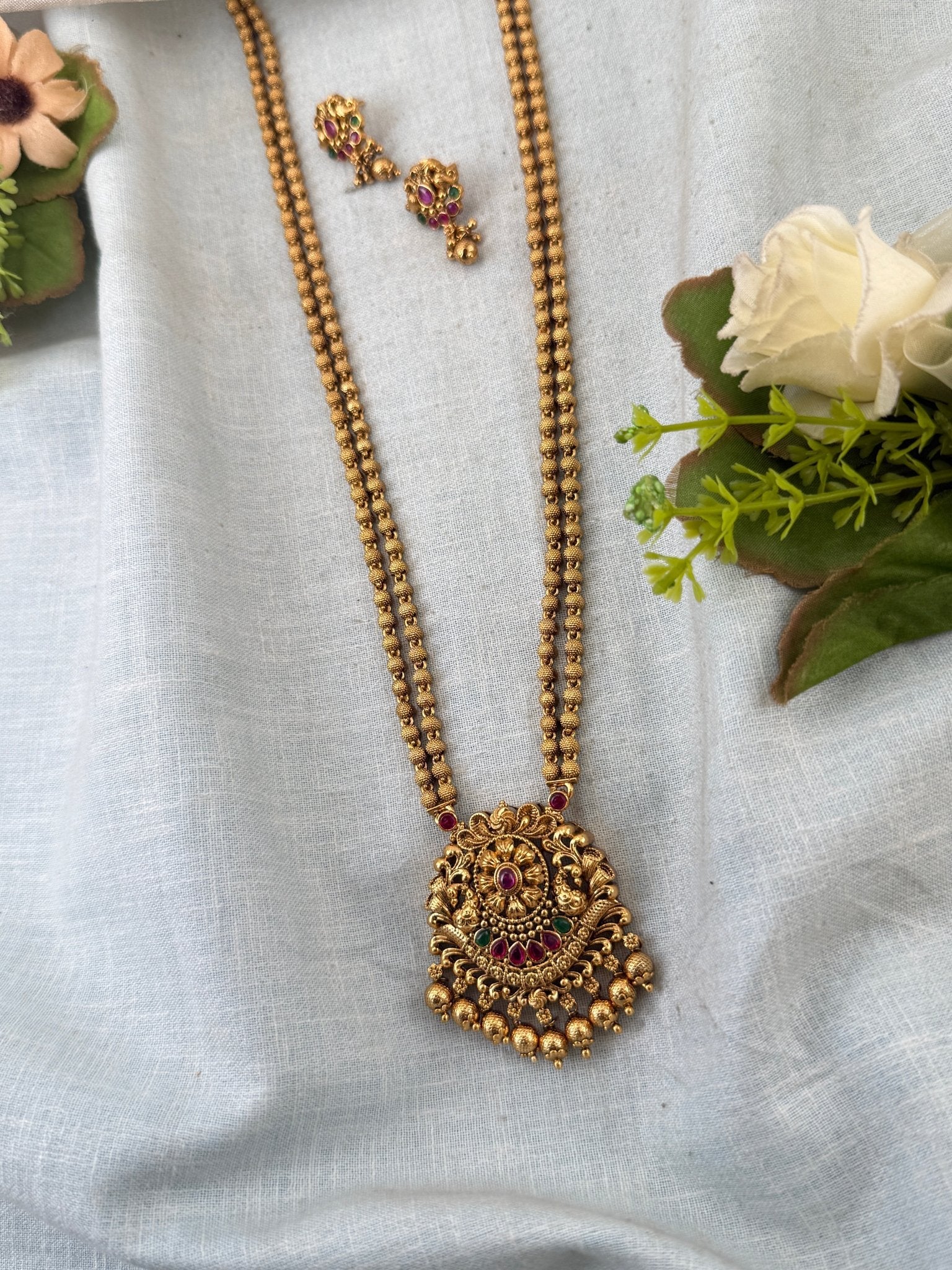 Royal Antique Peacock Pendant Long Necklace Set 1079 - Mahilas