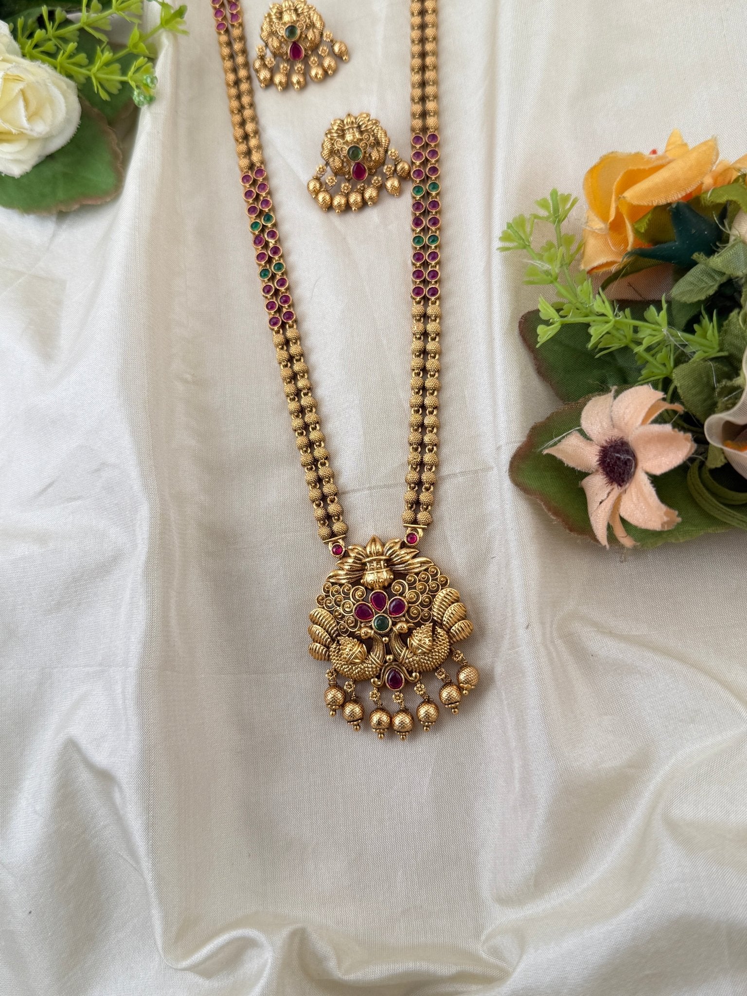 Royal Antique Peacock Pendant Long Necklace Set 1092 - Mahilas