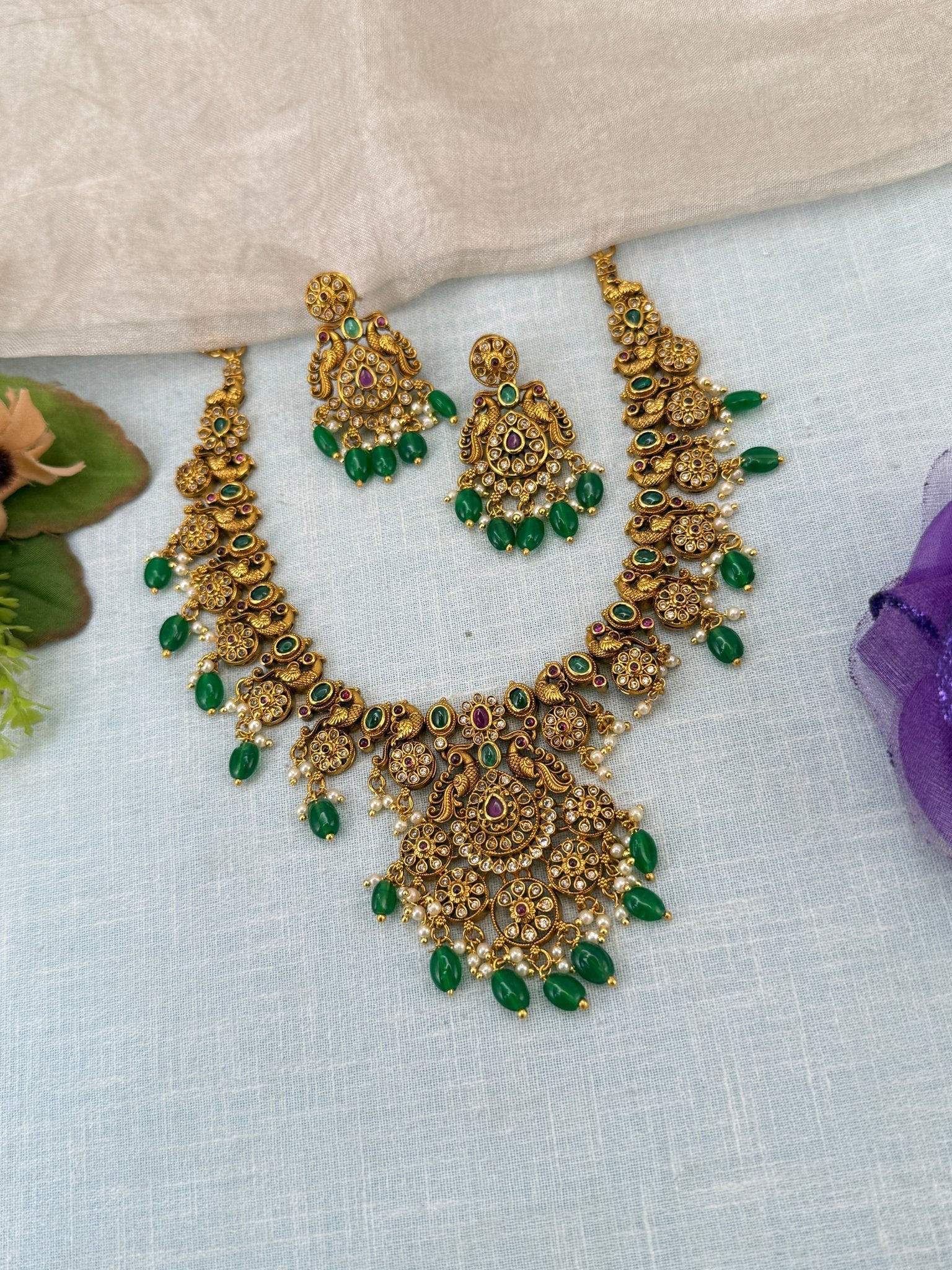 Royal Antique Peacock Pendant Short Necklace Set 0938 - Mahilas