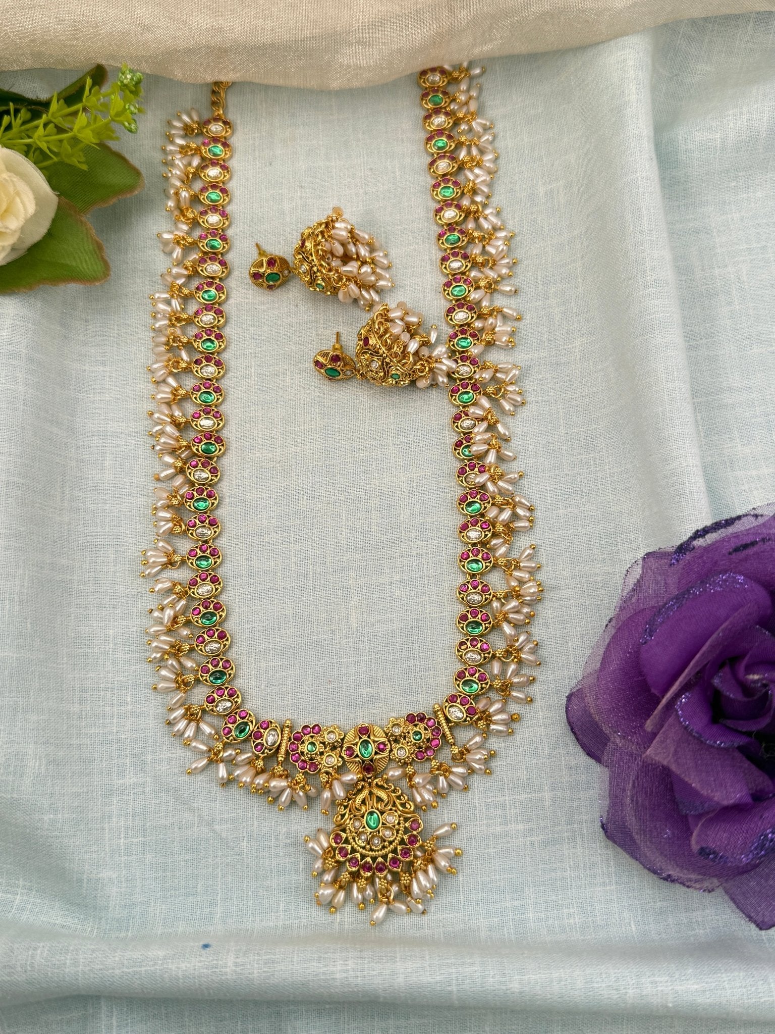 Royal Antique Pearl Pendant Long Necklace Set 0631 - Mahilas