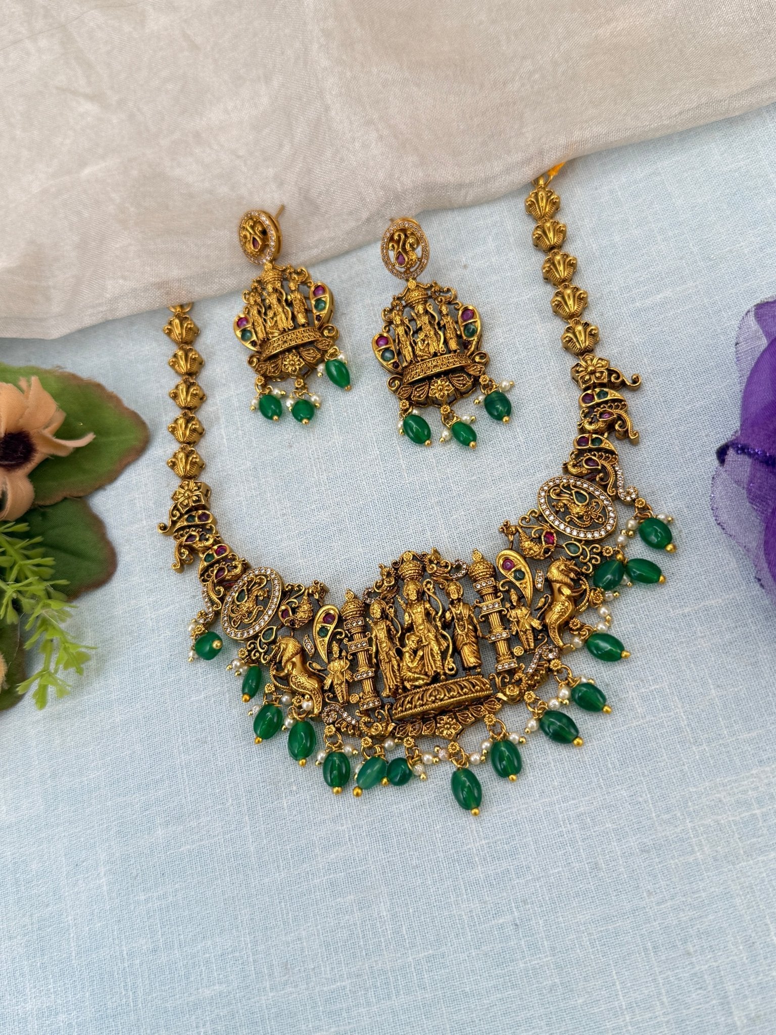 Royal Antique Ram Parivar Pendant Short Necklace Set 0936 - Mahilas